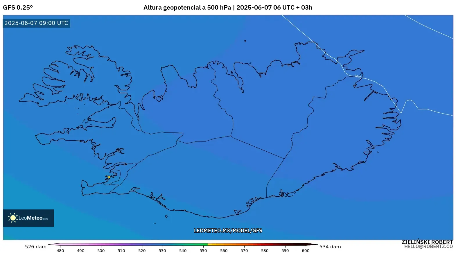 GFS model - Islandia, Altura geopotencial a 500 hPa GFS model - Islandia, Altura geopotencial a 500 hPa