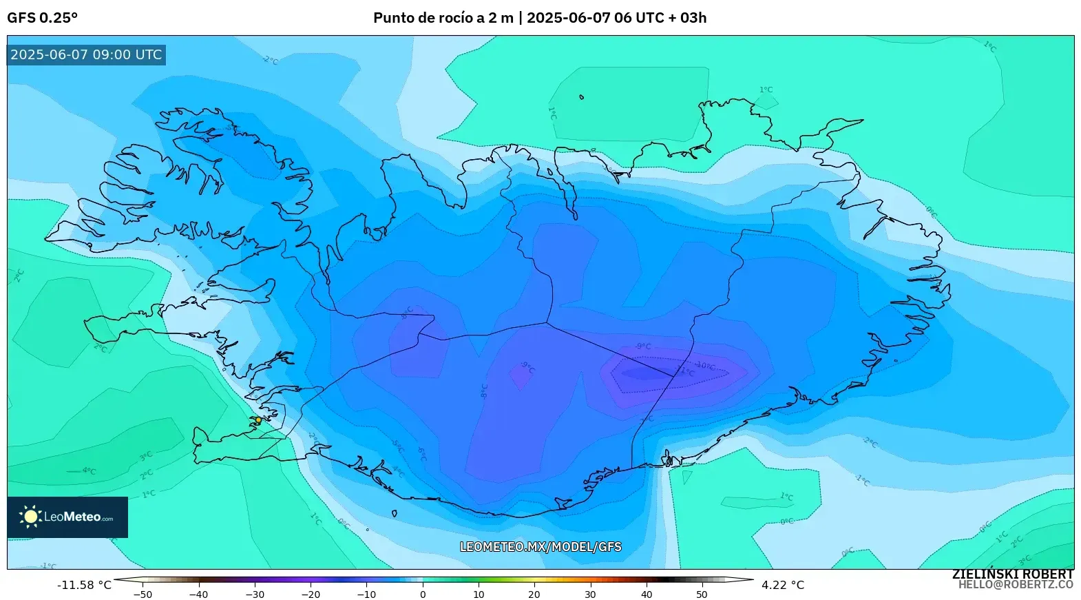 GFS model - Islandia, Punto de rocío a 2 m GFS model - Islandia, Punto de rocío a 2 m