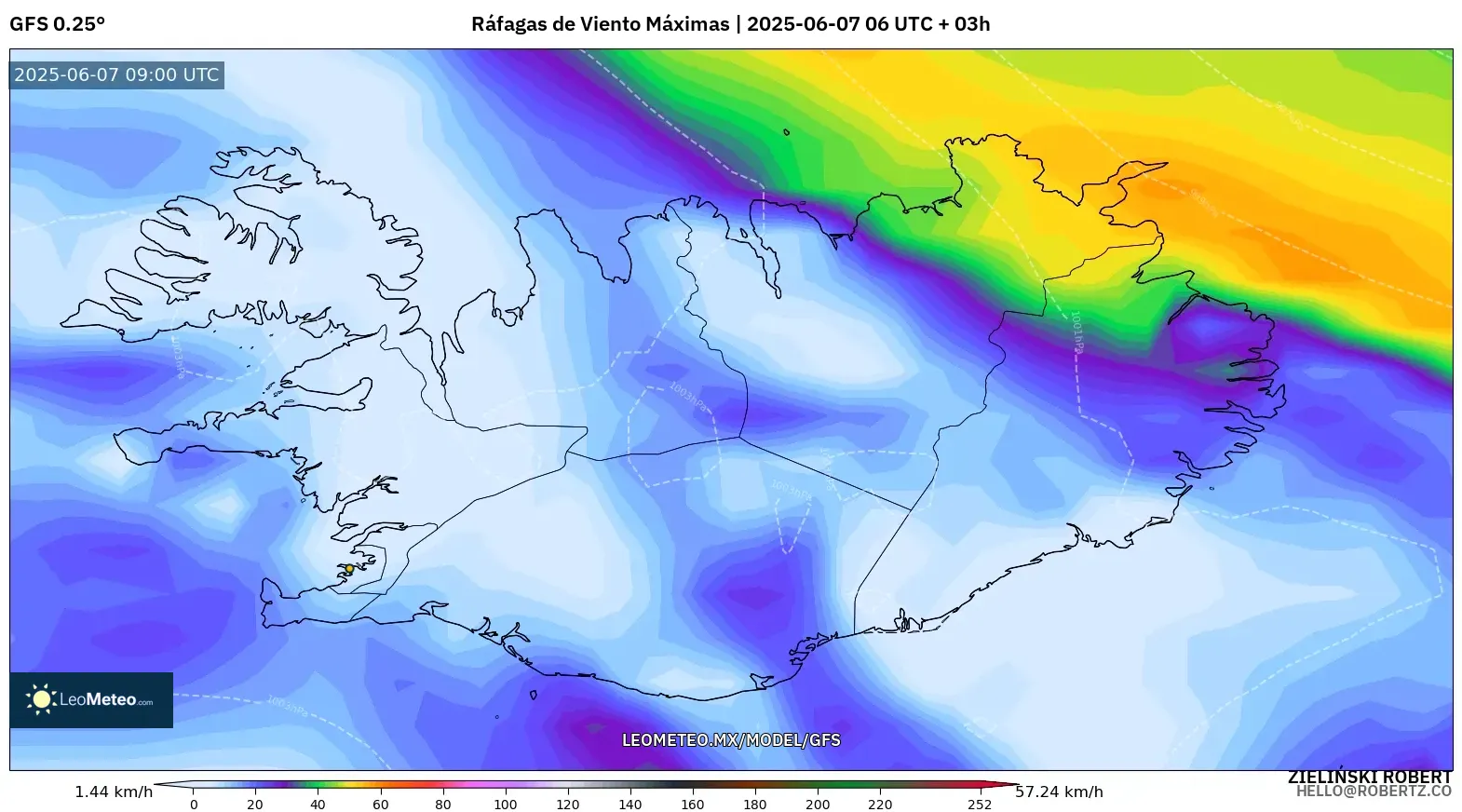 GFS model - Islandia, Ráfagas de Viento Máximas GFS model - Islandia, Ráfagas de Viento Máximas