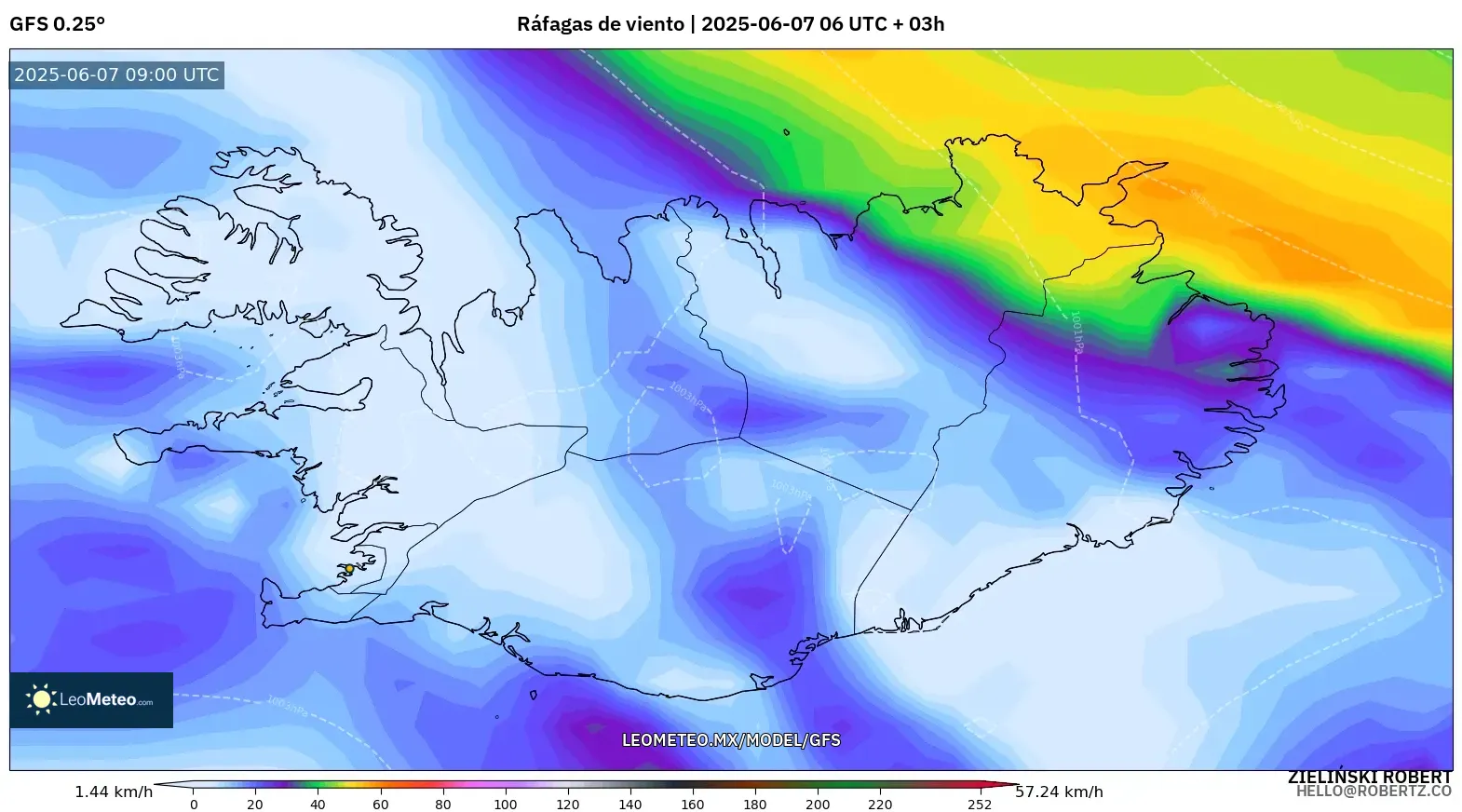 GFS model - Islandia, Ráfagas de viento