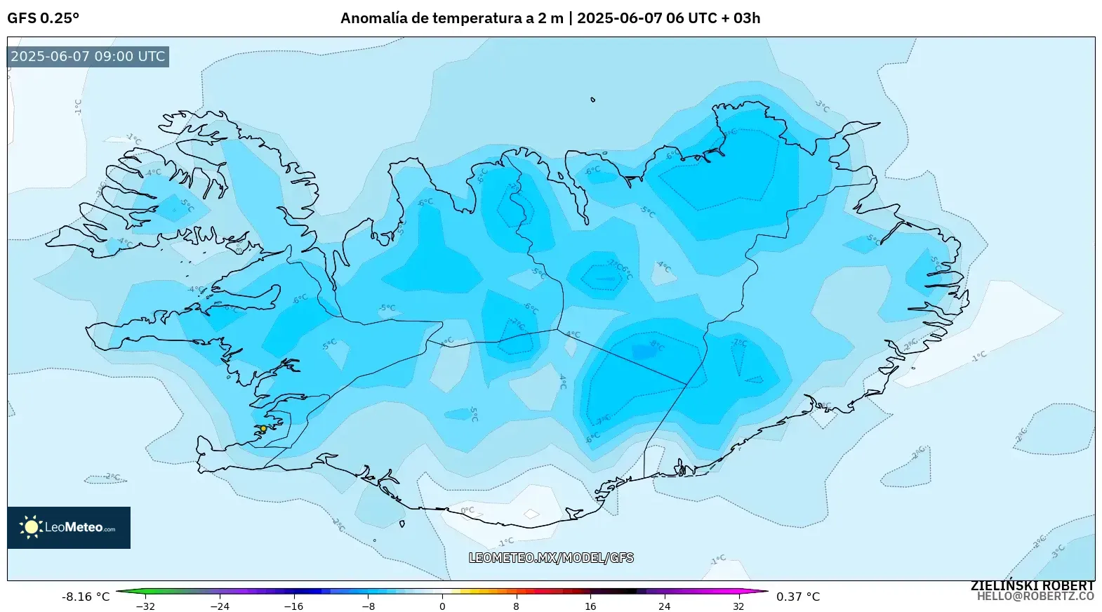 GFS model - Islandia, Anomalía de temperatura a 2 m