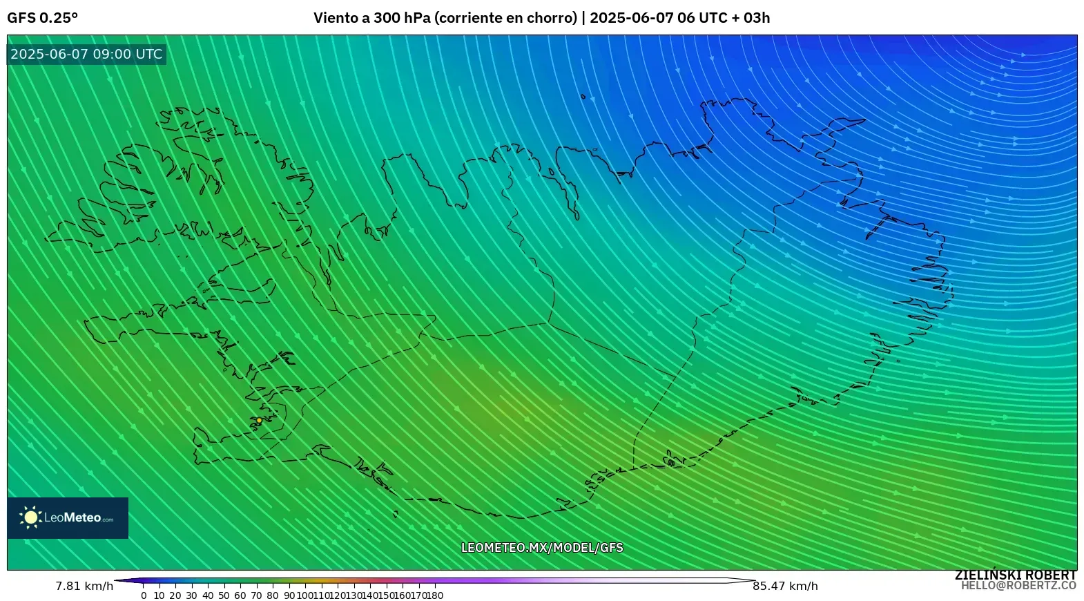 GFS model - Islandia, Viento a 300 hPa (corriente en chorro) GFS model - Islandia, Viento a 300 hPa (corriente en chorro)