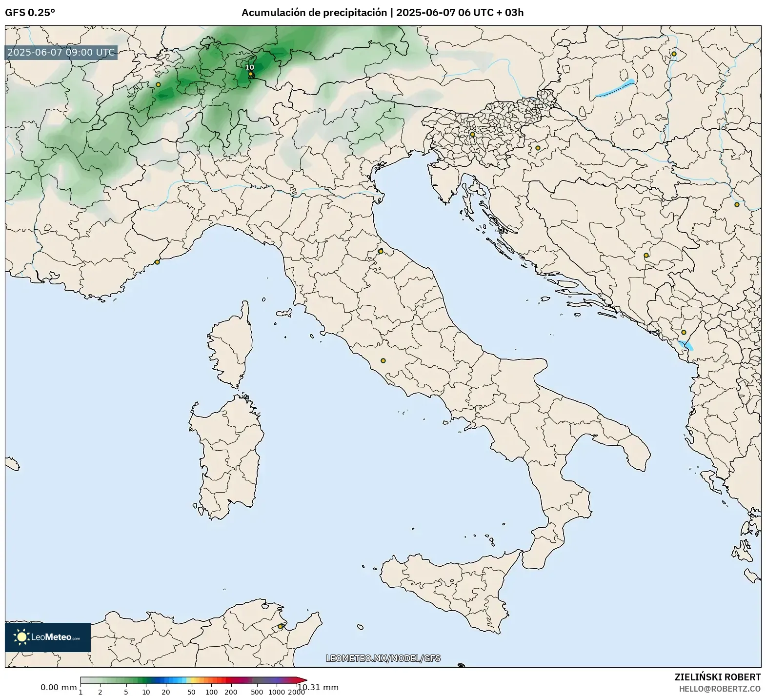 GFS model - Italia, Acumulación de precipitación GFS model - Italia, Acumulación de precipitación