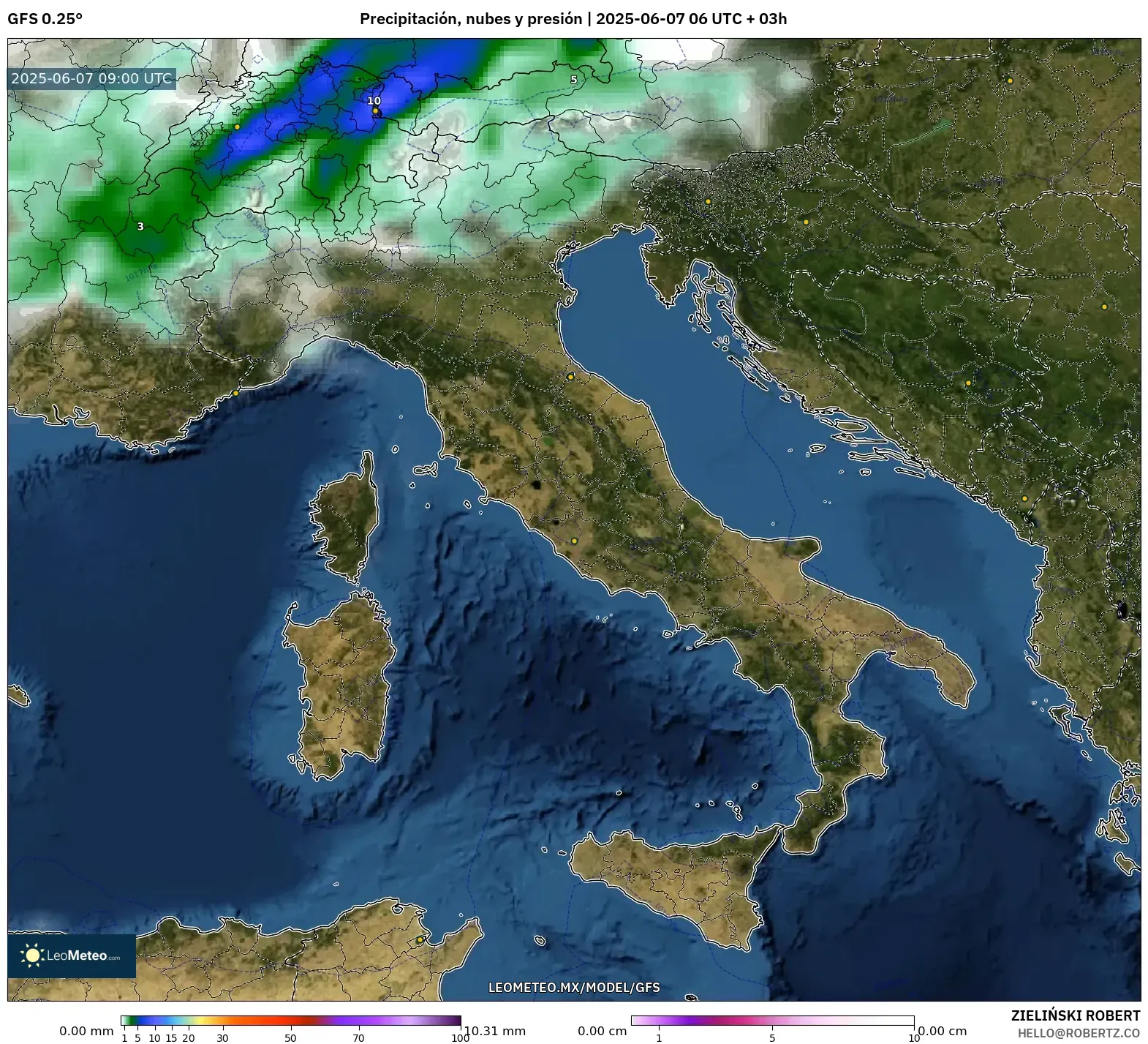 GFS model - Italia, Precipitación, nubes y presión GFS model - Italia, Precipitación, nubes y presión