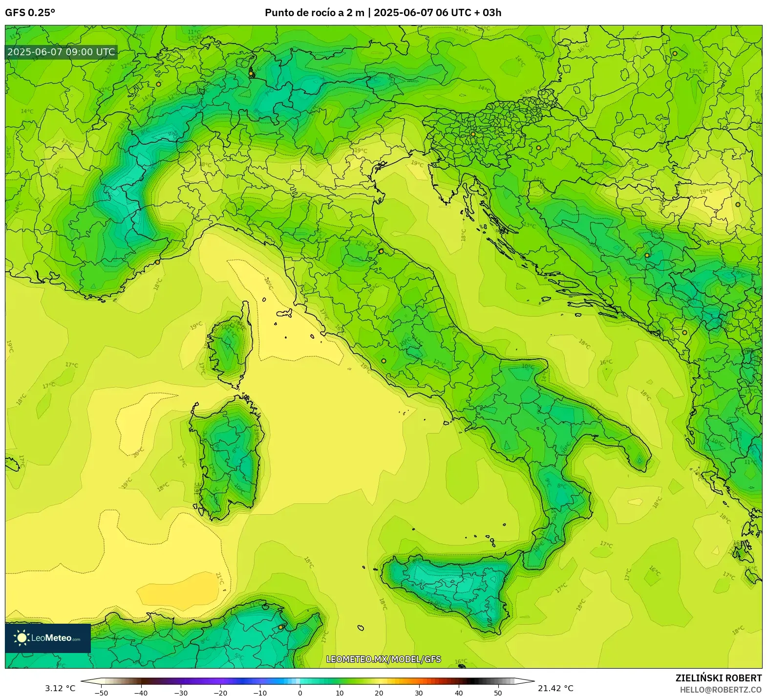 GFS model - Italia, Punto de rocío a 2 m GFS model - Italia, Punto de rocío a 2 m