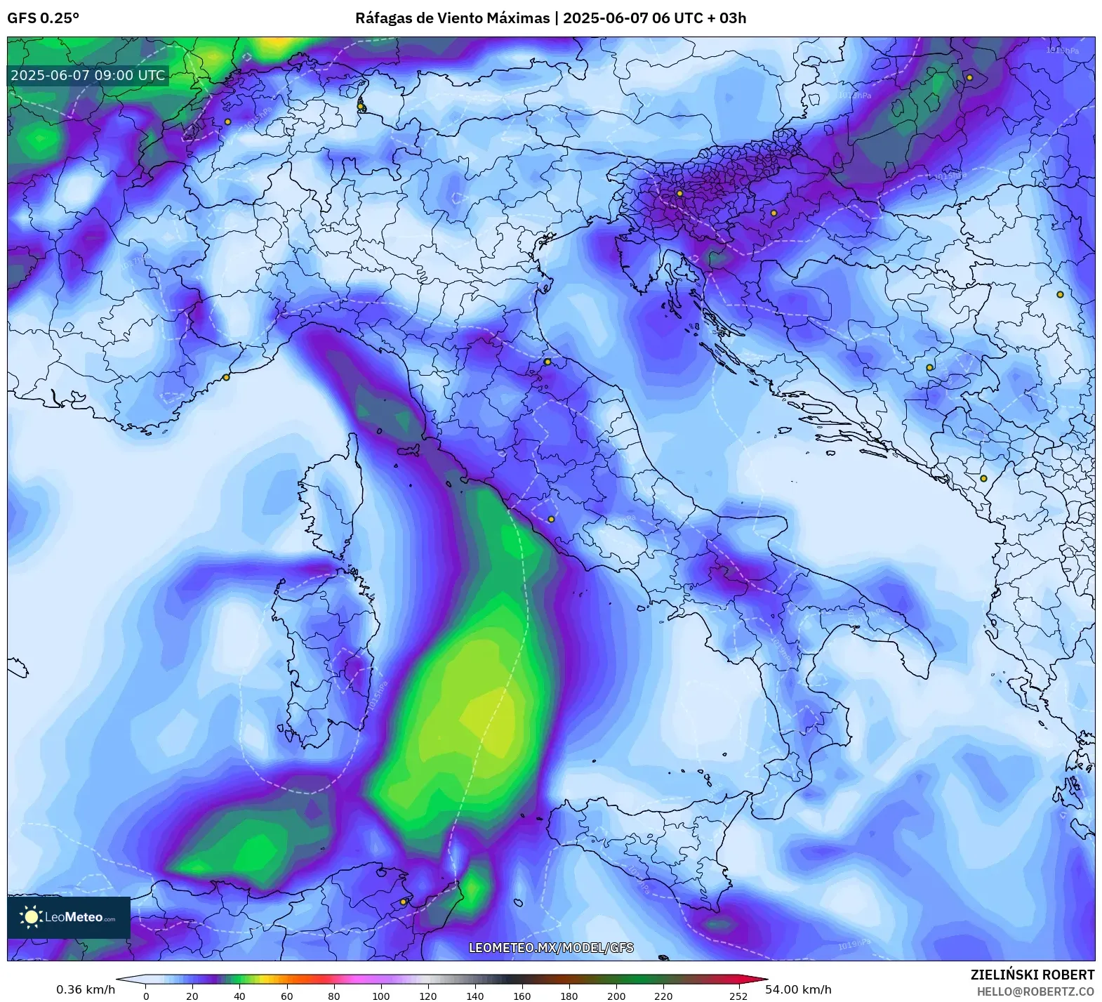 GFS model - Italia, Ráfagas de Viento Máximas GFS model - Italia, Ráfagas de Viento Máximas