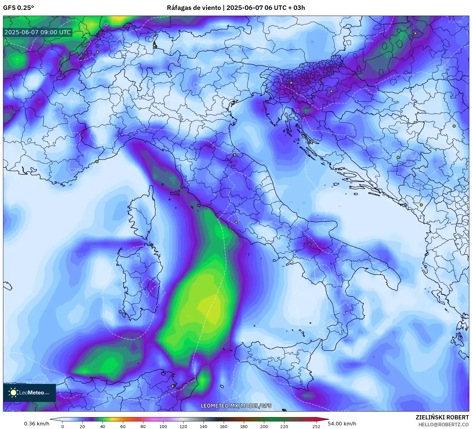 GFS model - Italia, Ráfagas de viento GFS model - Italia, Ráfagas de viento