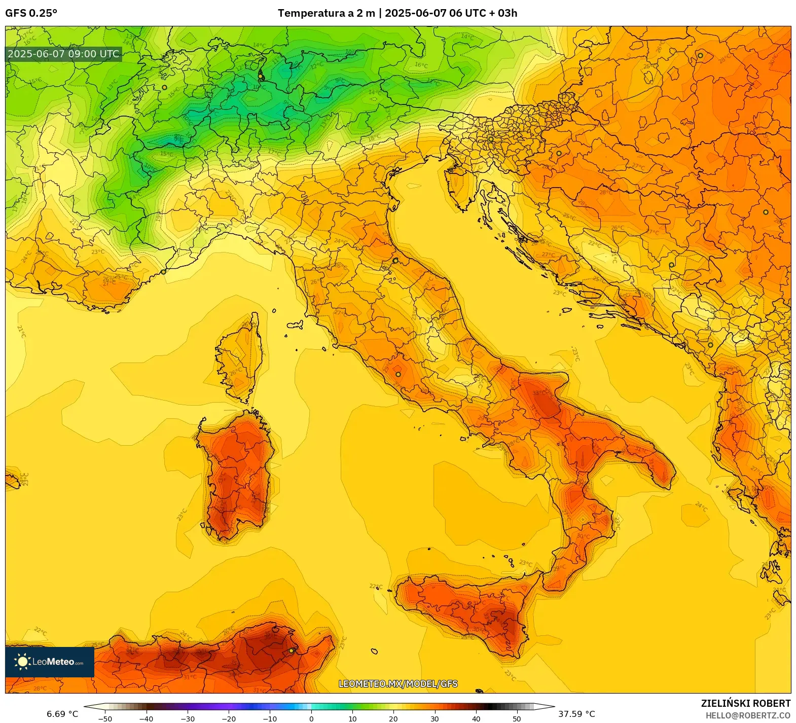 GFS model - Italia, Temperatura a 2 m