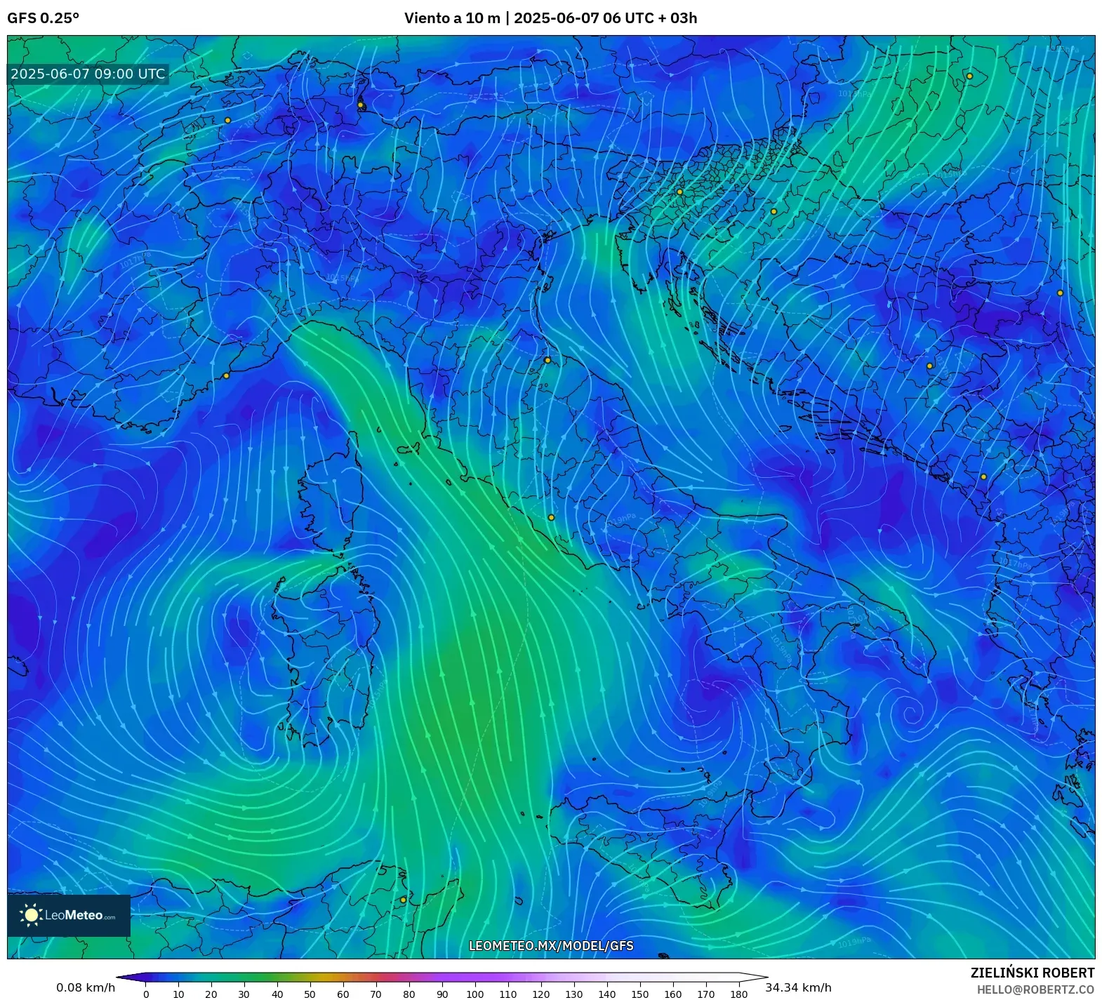 GFS model - Italia, Viento a 10 m GFS model - Italia, Viento a 10 m