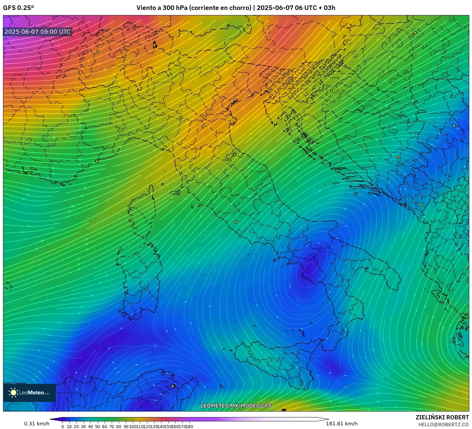 GFS model - Italia, Viento a 300 hPa (corriente en chorro) GFS model - Italia, Viento a 300 hPa (corriente en chorro)