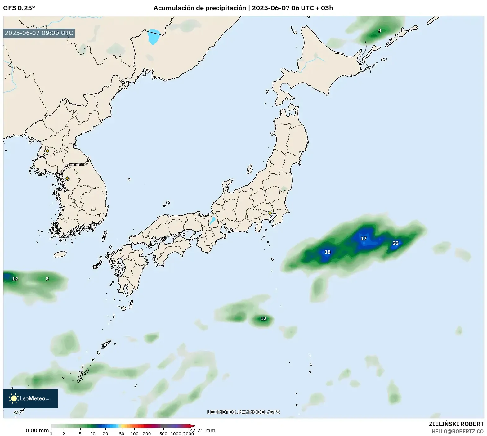 GFS model - Japón, Acumulación de precipitación GFS model - Japón, Acumulación de precipitación