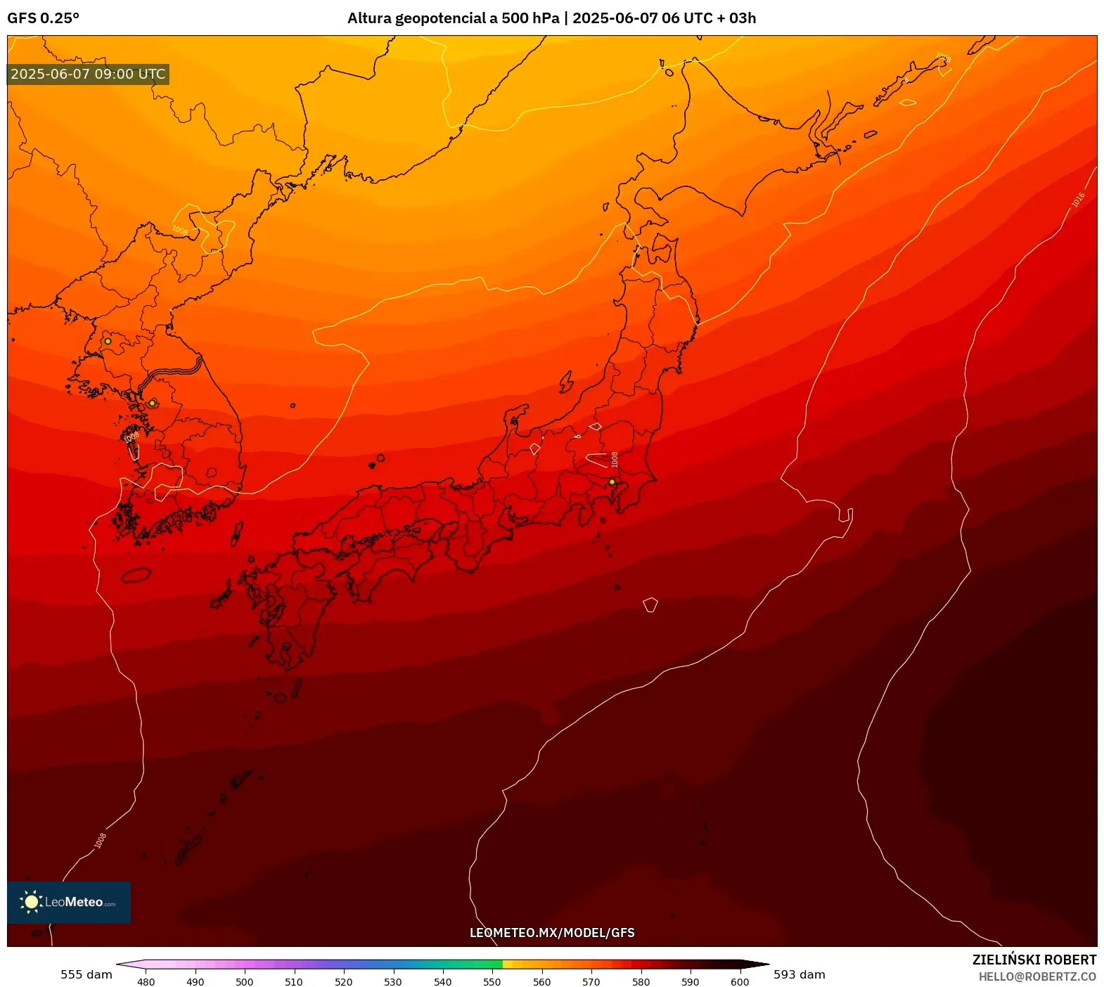 GFS model - Japón, Altura geopotencial a 500 hPa GFS model - Japón, Altura geopotencial a 500 hPa