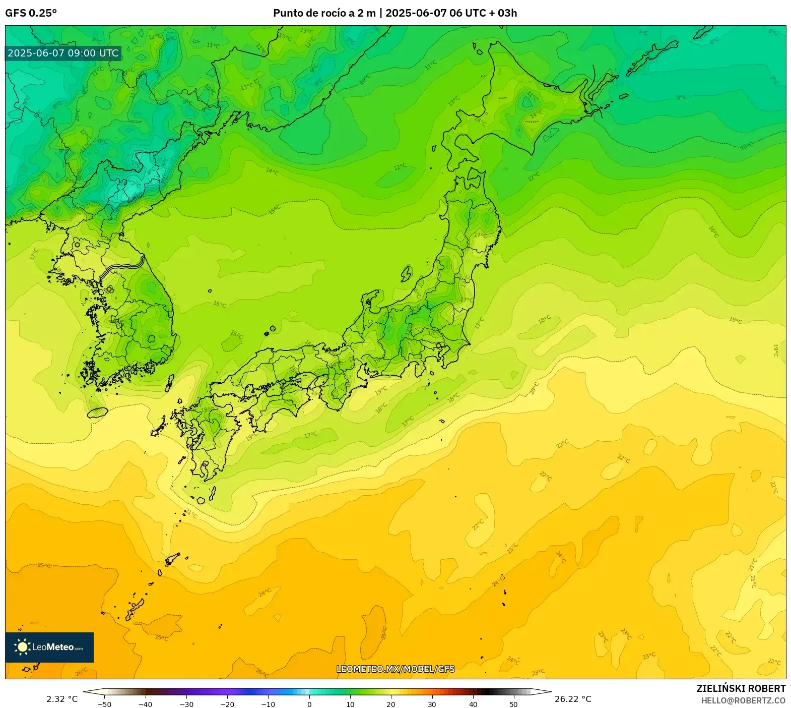 GFS model - Japón, Punto de rocío a 2 m GFS model - Japón, Punto de rocío a 2 m