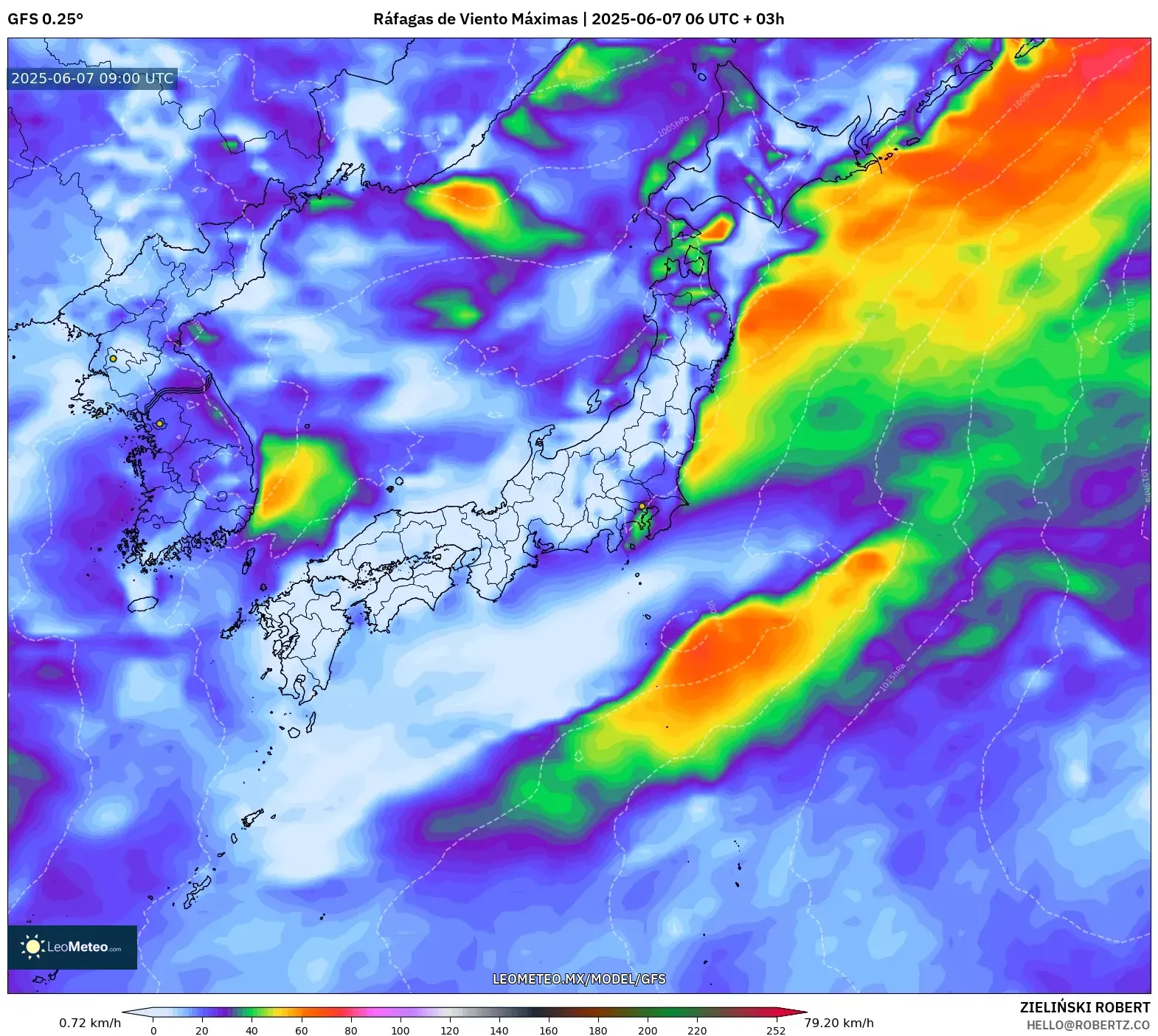 GFS model - Japón, Ráfagas de Viento Máximas GFS model - Japón, Ráfagas de Viento Máximas