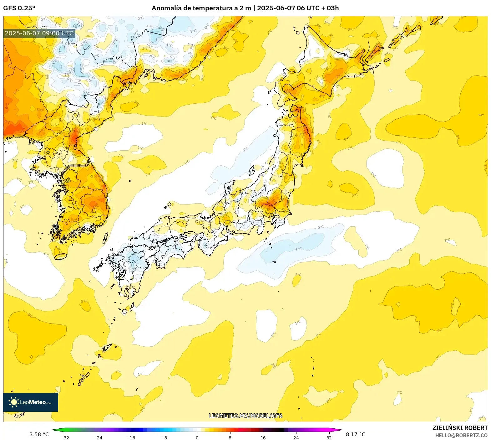 GFS model - Japón, Anomalía de temperatura a 2 m