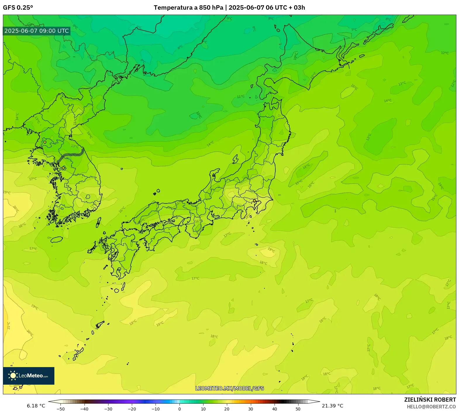 GFS model - Japón, Temperatura a 850 hPa GFS model - Japón, Temperatura a 850 hPa