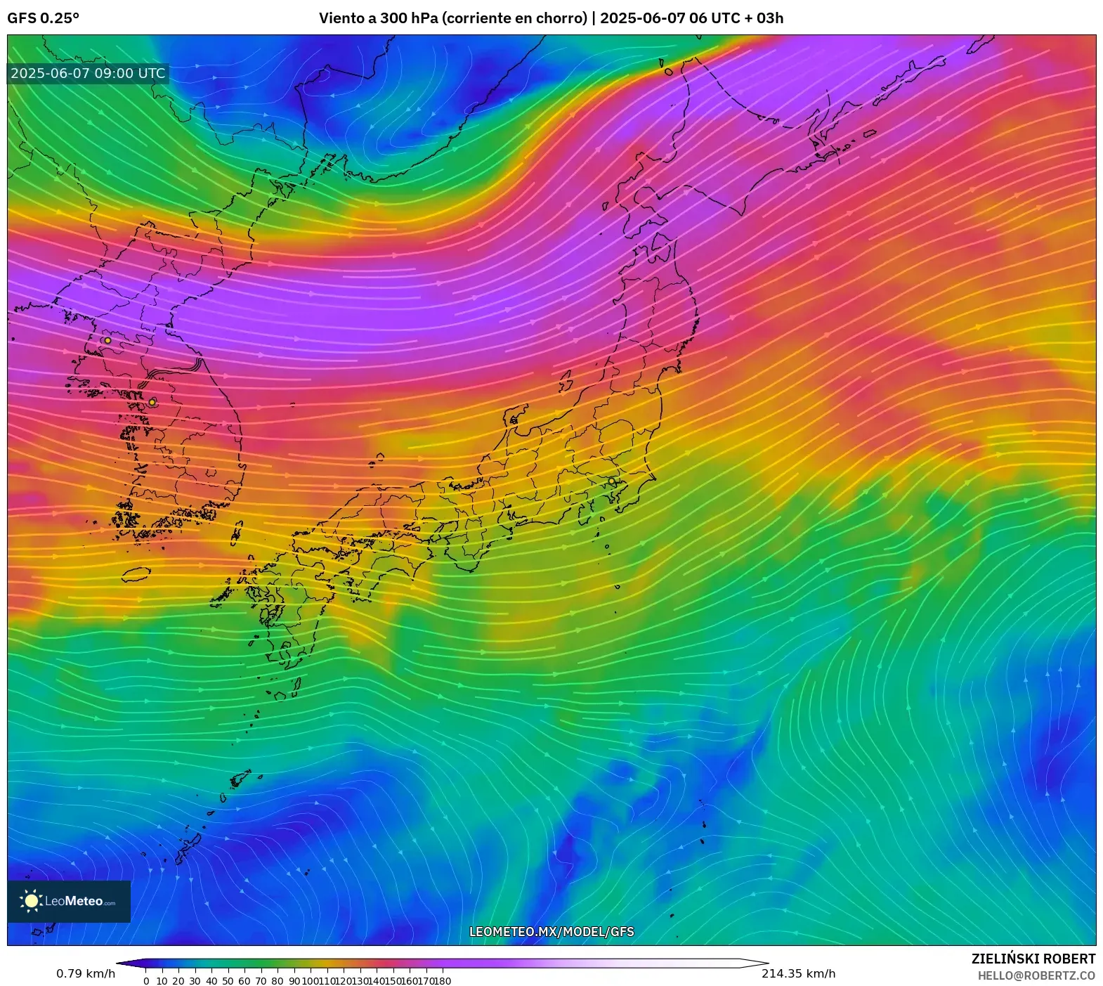 GFS model - Japón, Viento a 300 hPa (corriente en chorro)