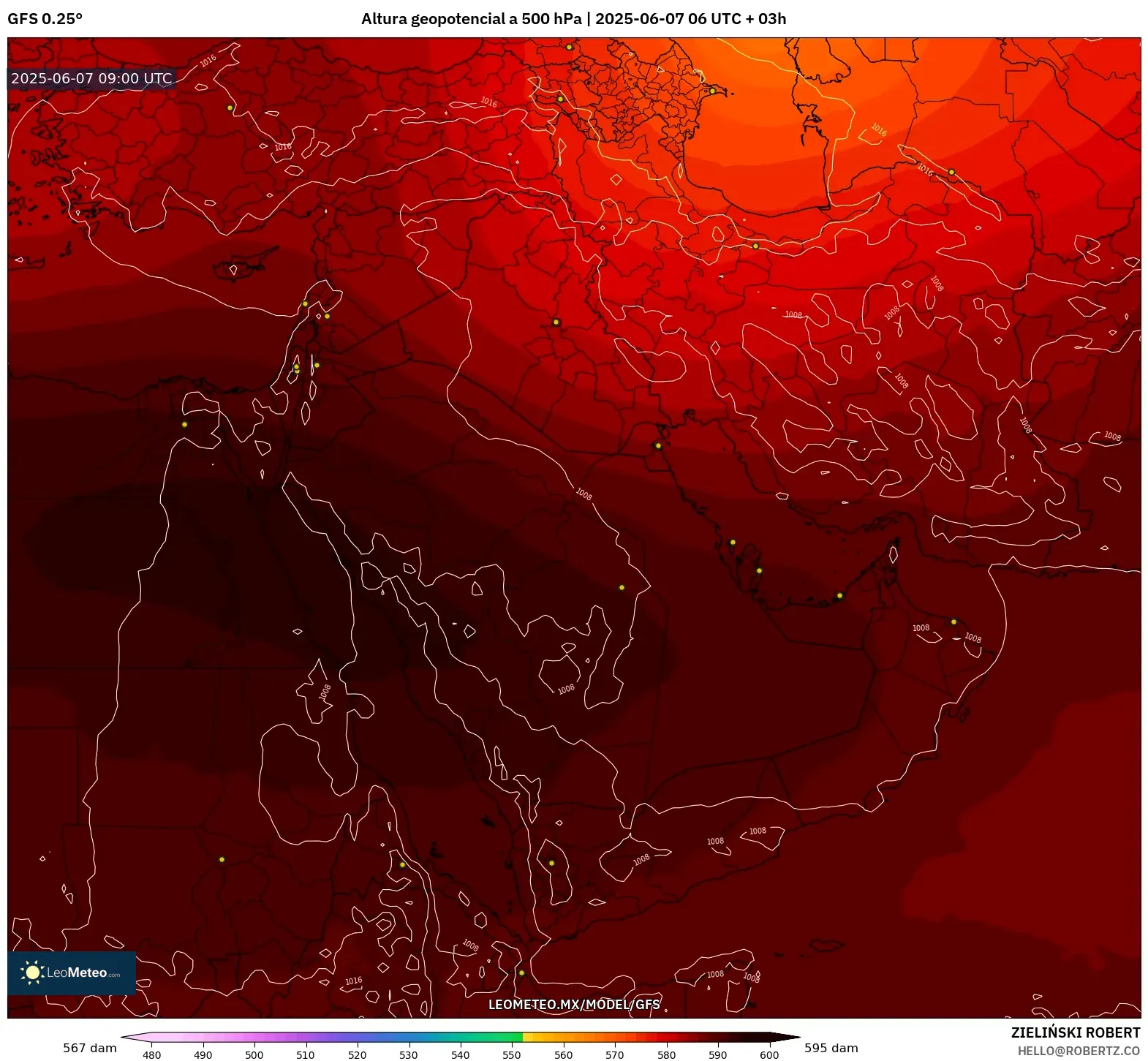 GFS model - Oriente Medio, Altura geopotencial a 500 hPa