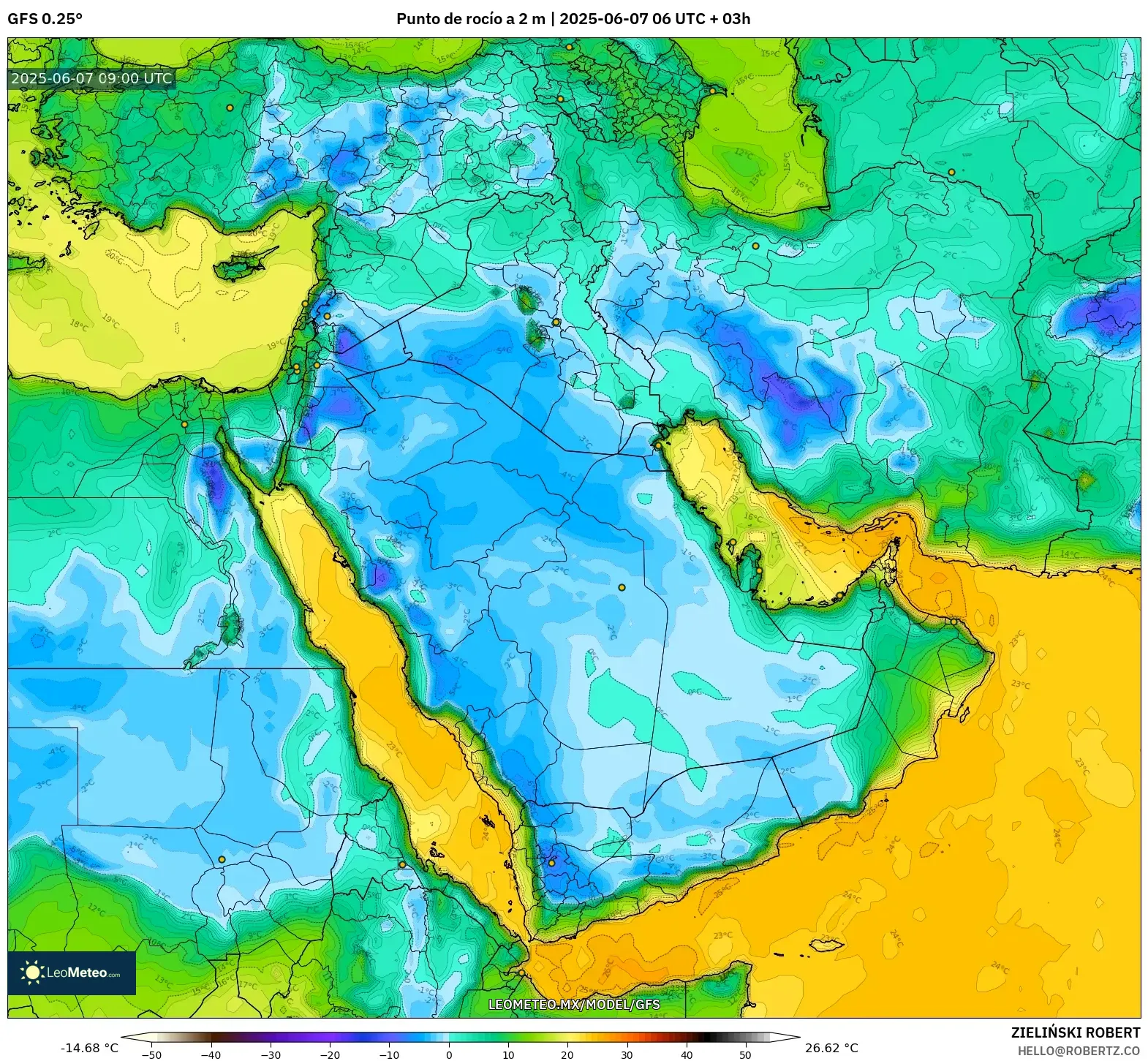 GFS model - Oriente Medio, Punto de rocío a 2 m GFS model - Oriente Medio, Punto de rocío a 2 m