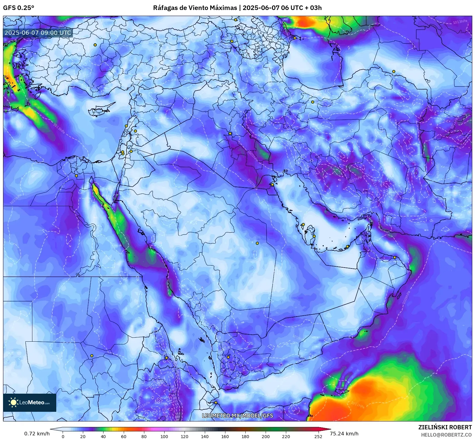 GFS model - Oriente Medio, Ráfagas de Viento Máximas GFS model - Oriente Medio, Ráfagas de Viento Máximas
