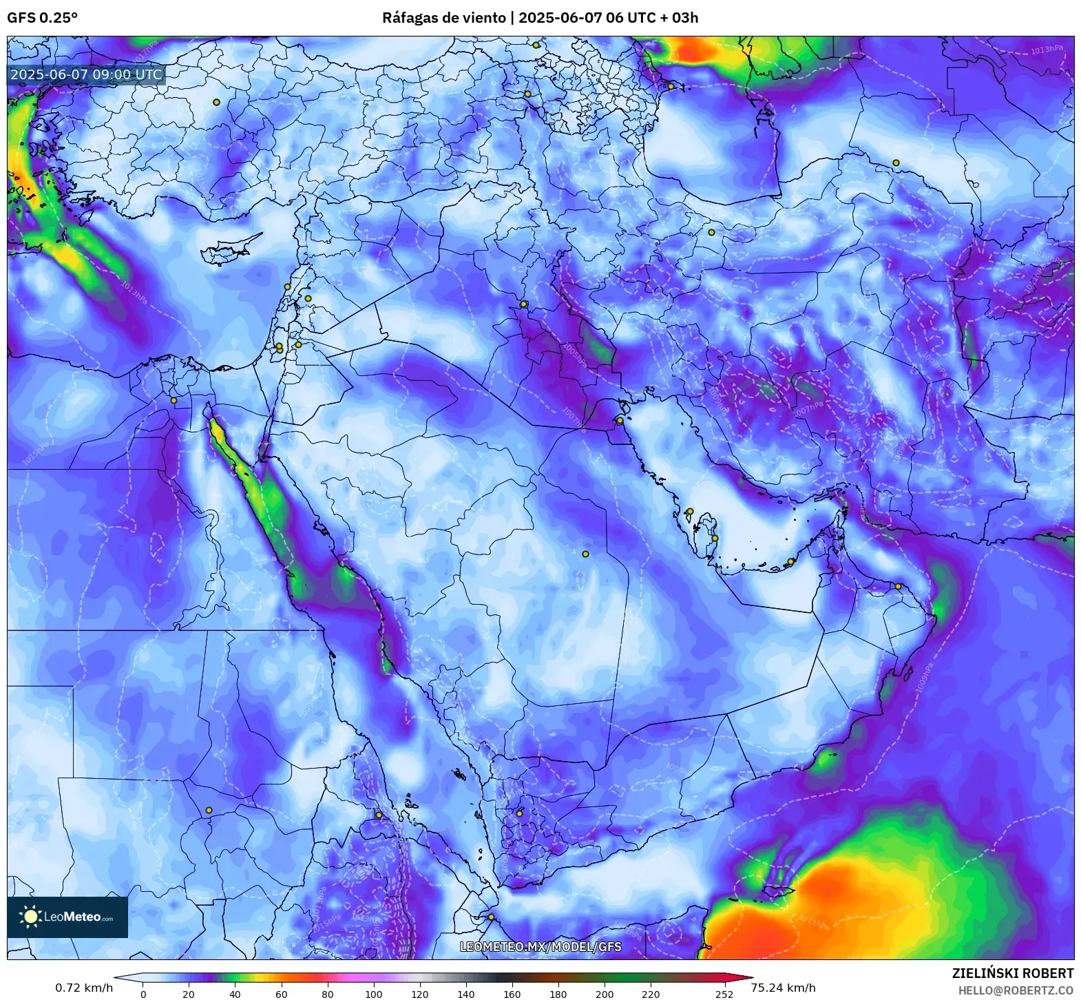 GFS model - Oriente Medio, Ráfagas de viento GFS model - Oriente Medio, Ráfagas de viento