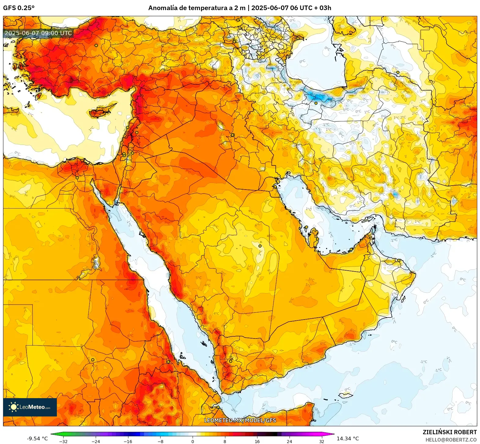 GFS model - Oriente Medio, Anomalía de temperatura a 2 m