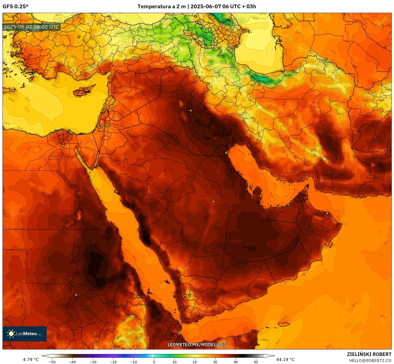 GFS model - Oriente Medio, Temperatura a 2 m GFS model - Oriente Medio, Temperatura a 2 m