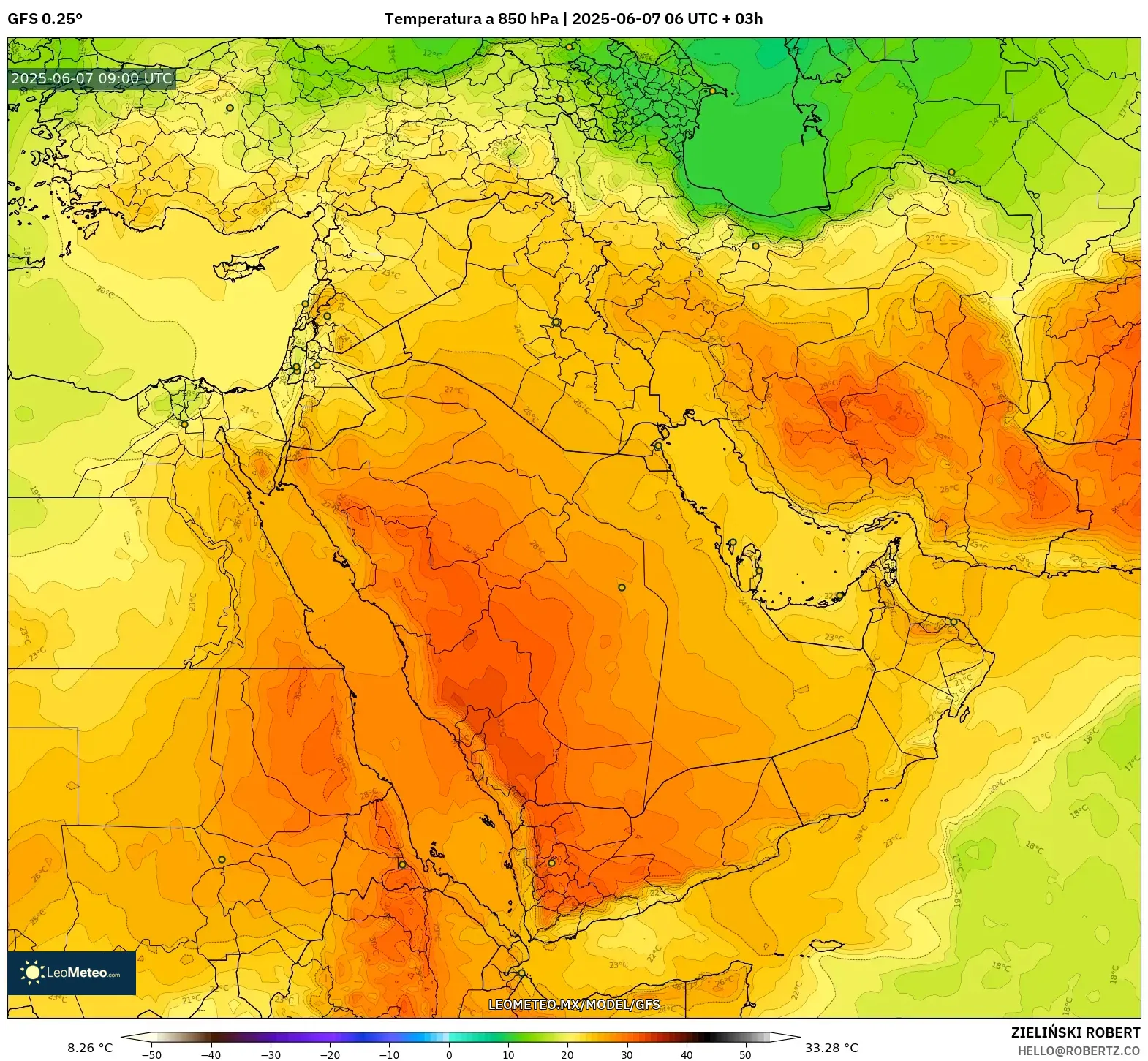 GFS model - Oriente Medio, Temperatura a 850 hPa GFS model - Oriente Medio, Temperatura a 850 hPa