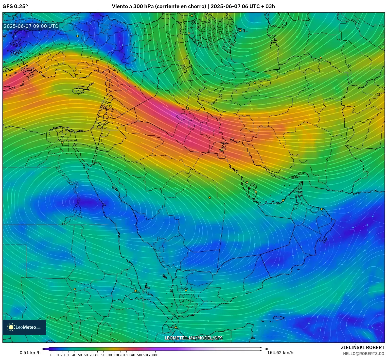 GFS model - Oriente Medio, Viento a 300 hPa (corriente en chorro) GFS model - Oriente Medio, Viento a 300 hPa (corriente en chorro)