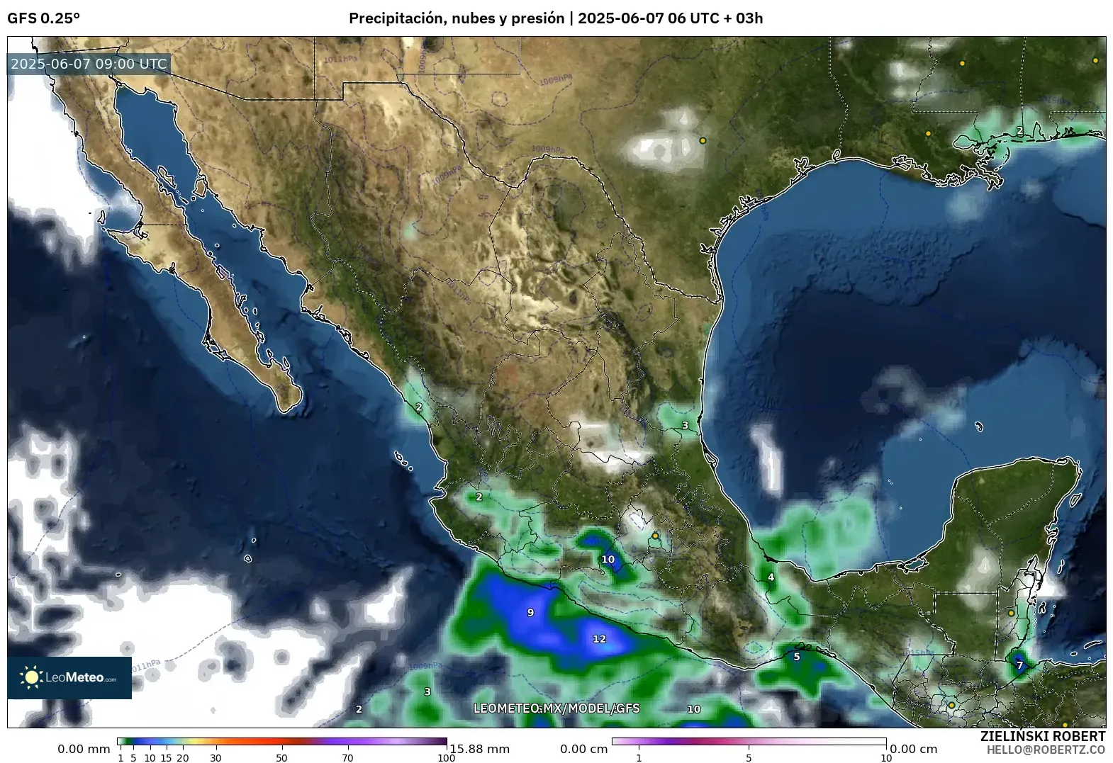 GFS model - México, Precipitación, nubes y presión