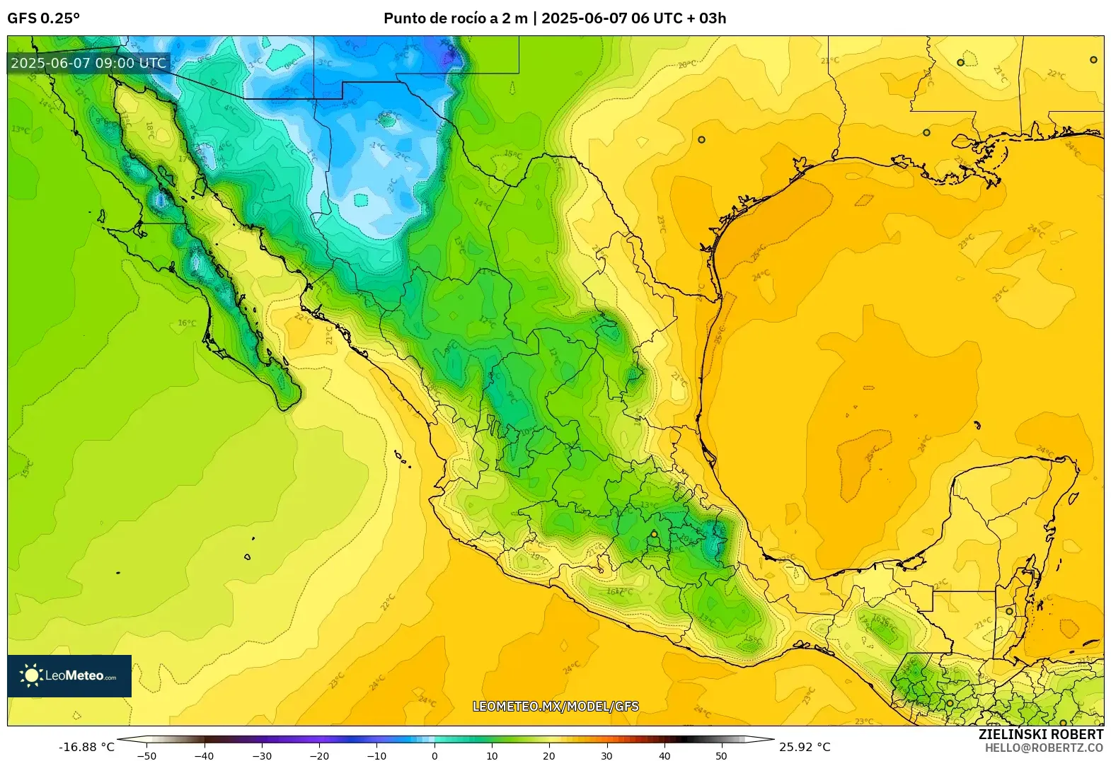 GFS model - México, Punto de rocío a 2 m