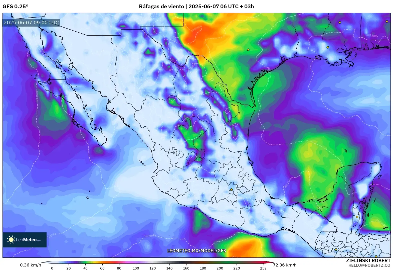 GFS model - México, Ráfagas de viento