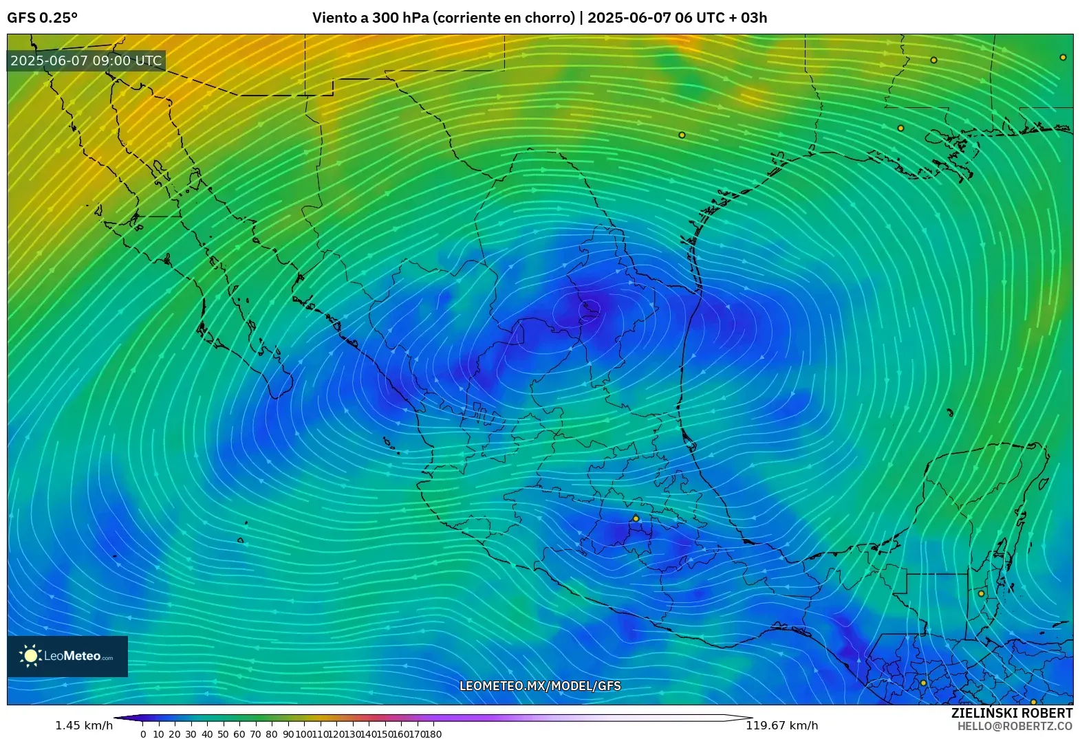 GFS model - México, Viento a 300 hPa (corriente en chorro)