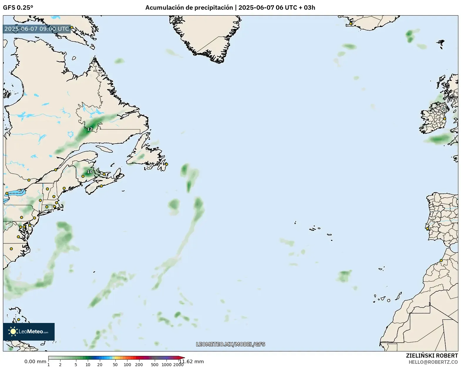 GFS model - Norte Atlántico, Acumulación de precipitación GFS model - Norte Atlántico, Acumulación de precipitación