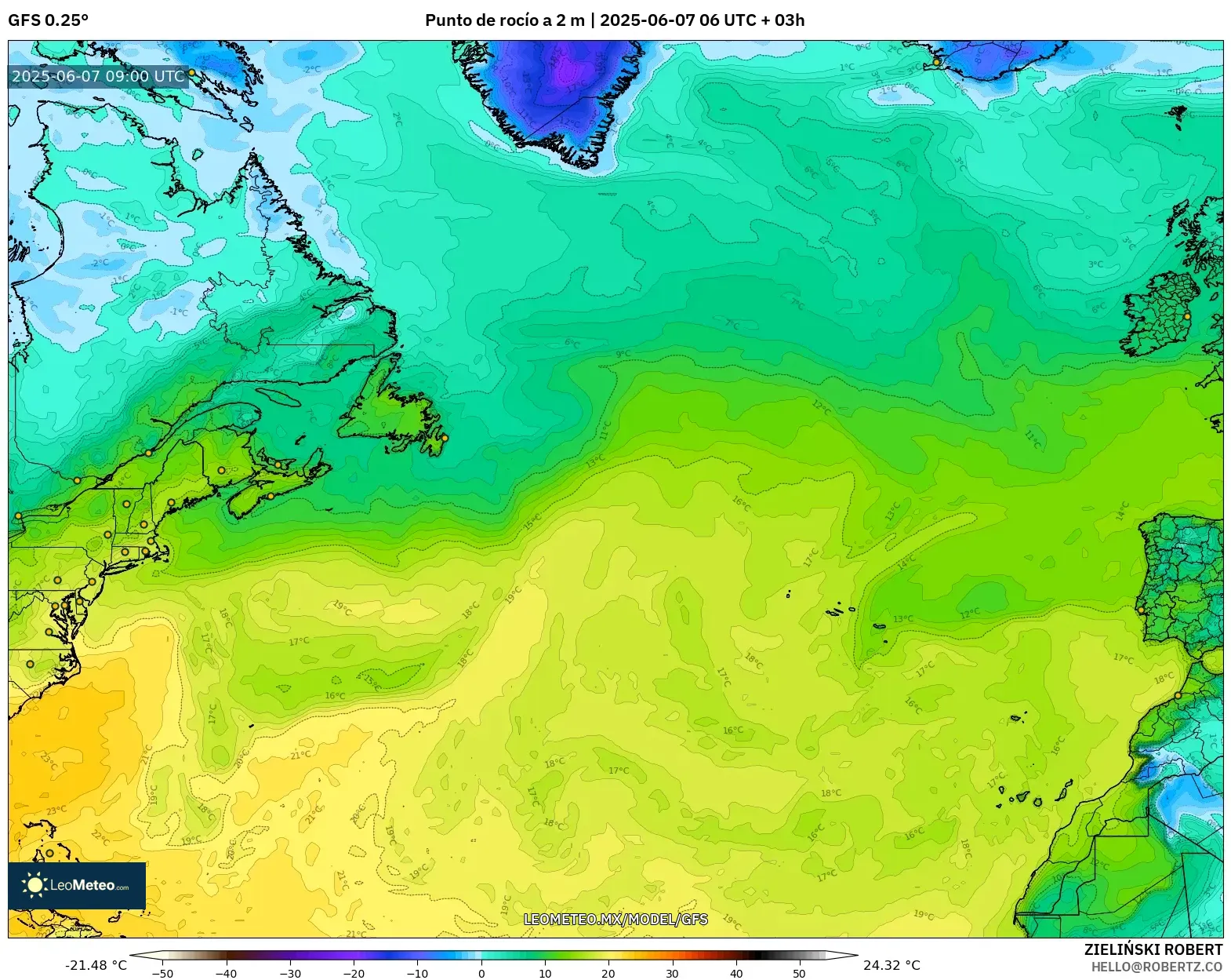 GFS model - Norte Atlántico, Punto de rocío a 2 m GFS model - Norte Atlántico, Punto de rocío a 2 m