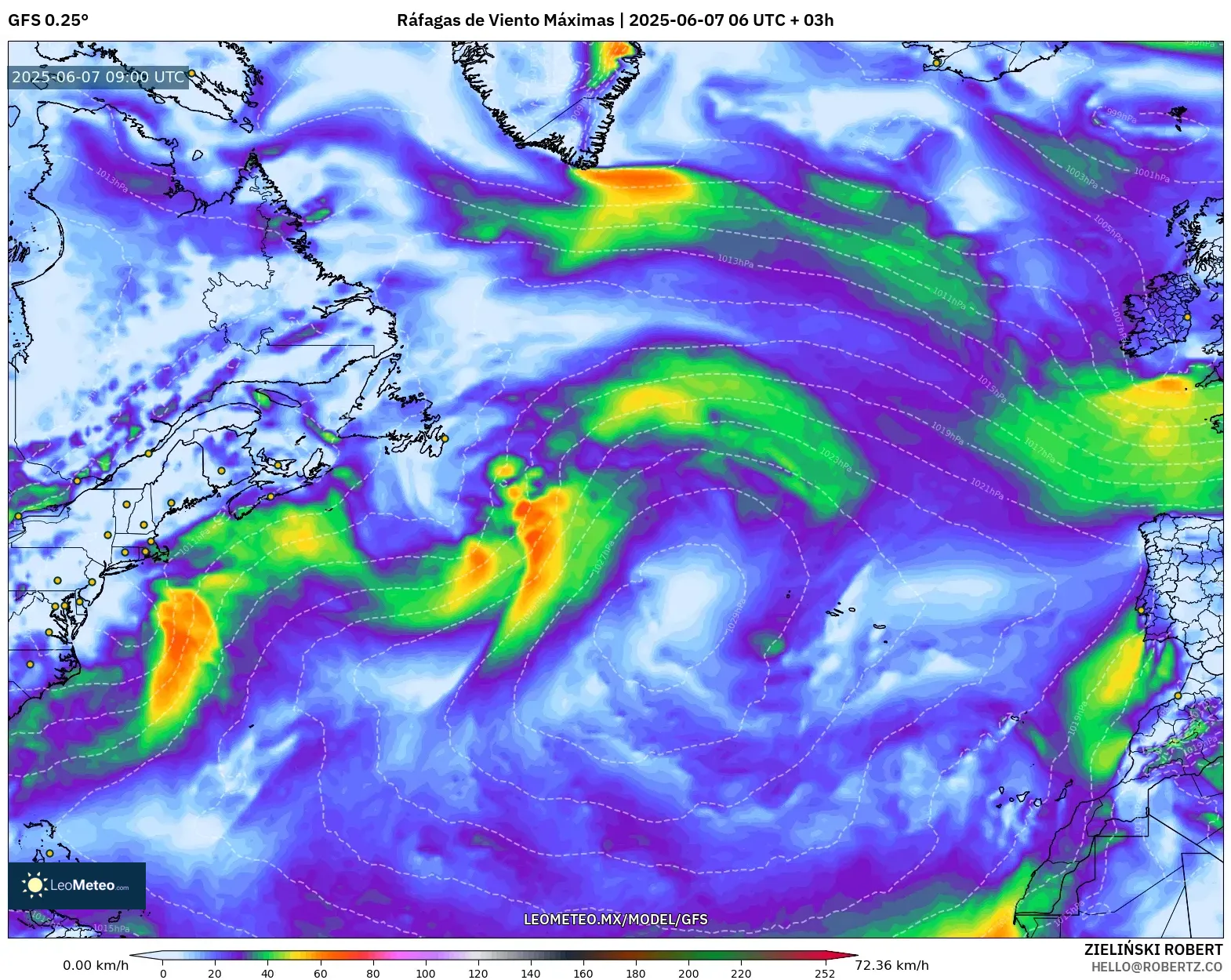 GFS model - Norte Atlántico, Ráfagas de Viento Máximas