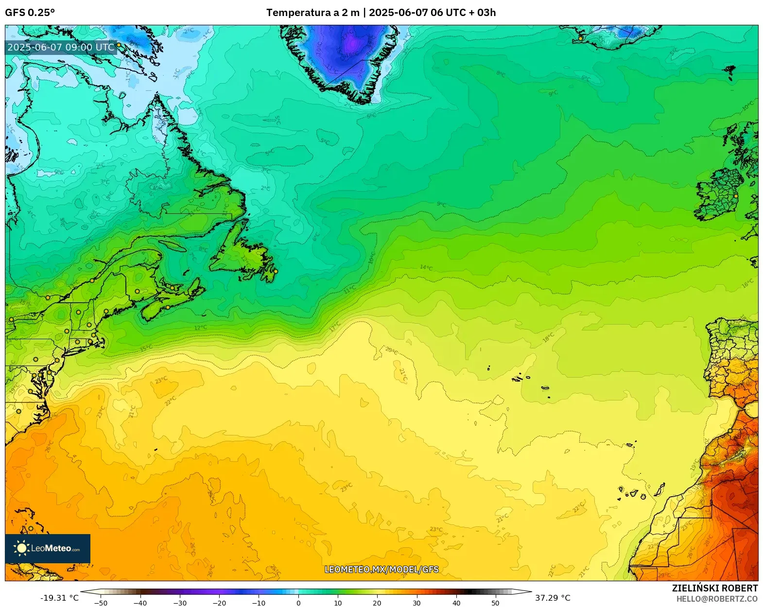 GFS model - Norte Atlántico, Temperatura a 2 m GFS model - Norte Atlántico, Temperatura a 2 m