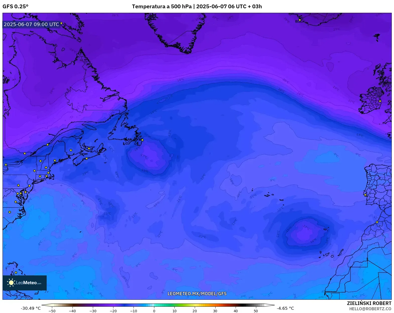 GFS model - Norte Atlántico, Temperatura a 500 hPa GFS model - Norte Atlántico, Temperatura a 500 hPa