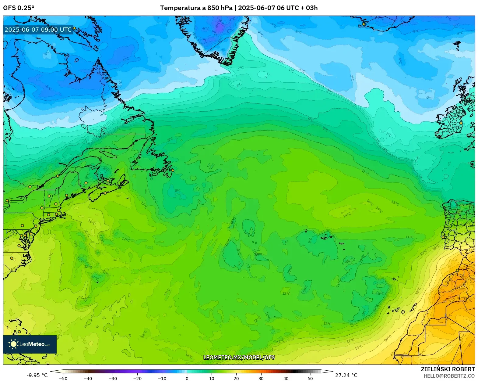 GFS model - Norte Atlántico, Temperatura a 850 hPa GFS model - Norte Atlántico, Temperatura a 850 hPa