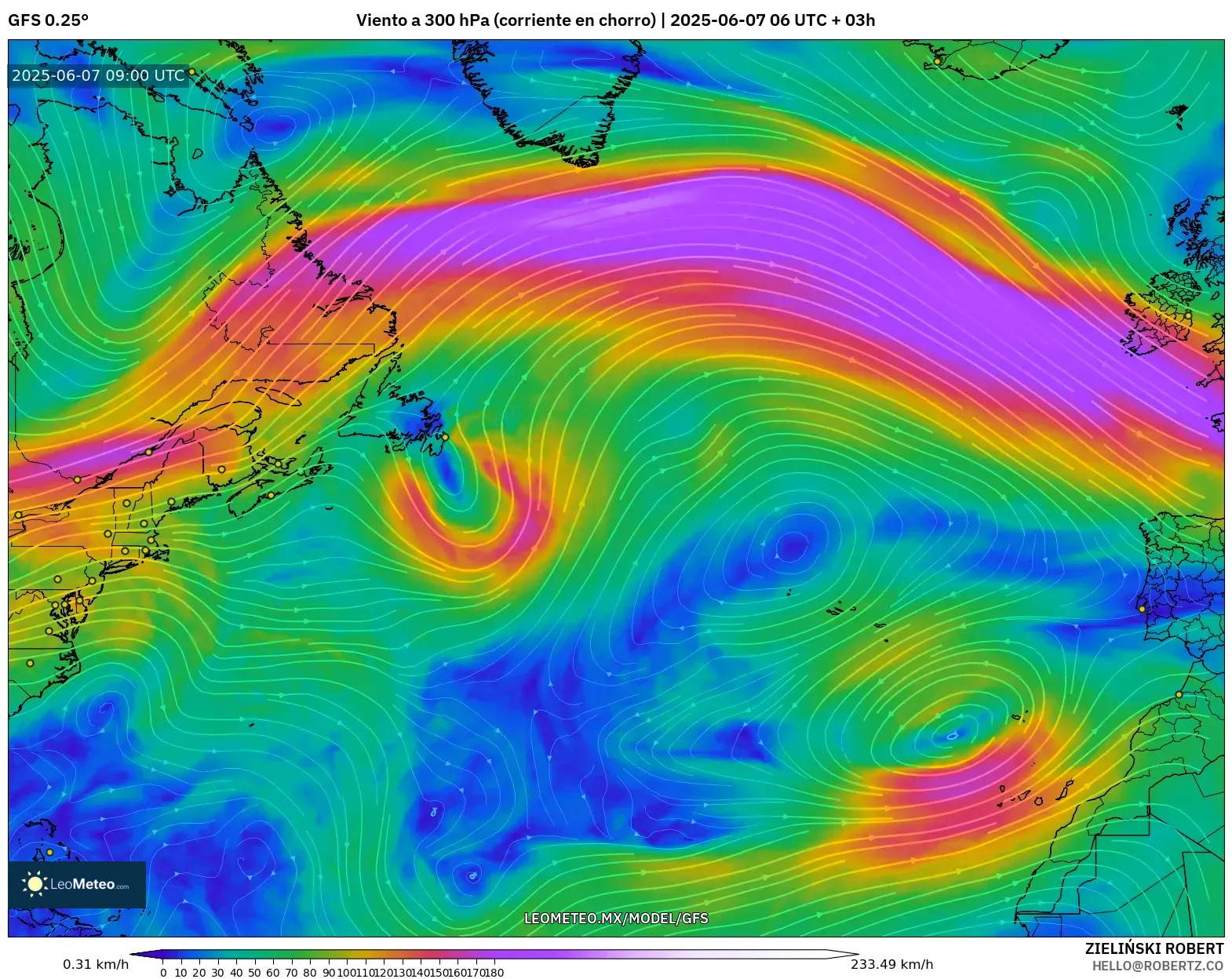 GFS model - Norte Atlántico, Viento a 300 hPa (corriente en chorro) GFS model - Norte Atlántico, Viento a 300 hPa (corriente en chorro)