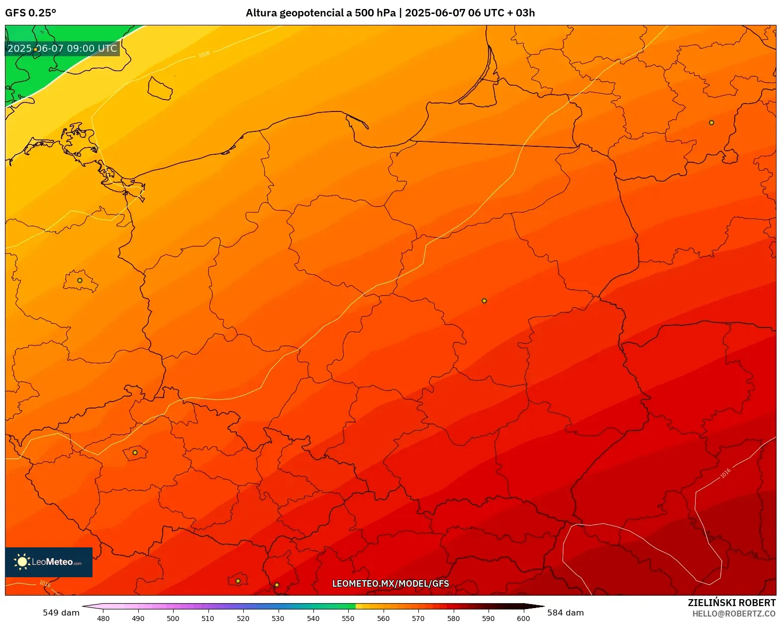 GFS model - Polonia, Altura geopotencial a 500 hPa GFS model - Polonia, Altura geopotencial a 500 hPa