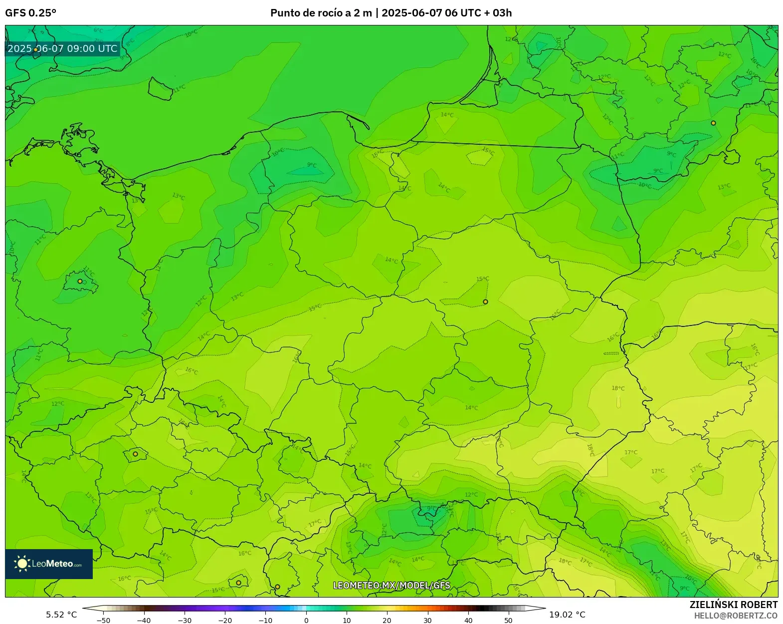 GFS model - Polonia, Punto de rocío a 2 m GFS model - Polonia, Punto de rocío a 2 m