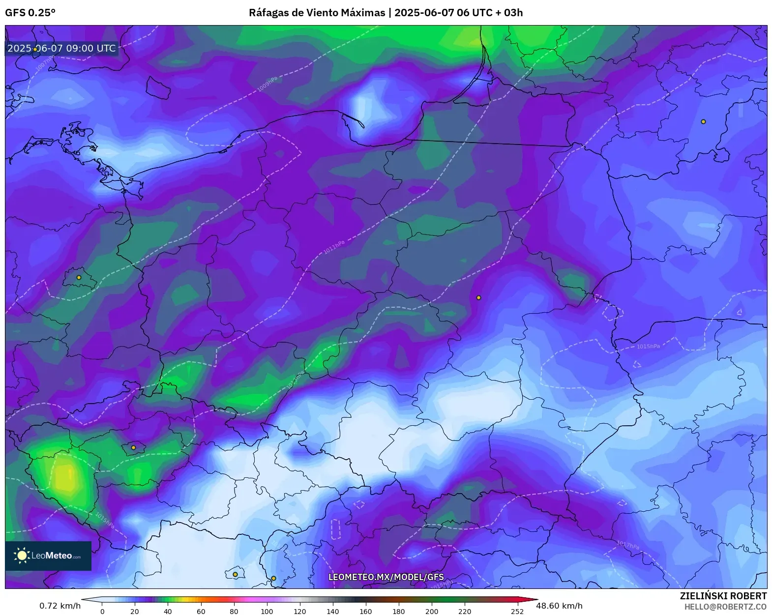 GFS model - Polonia, Ráfagas de Viento Máximas GFS model - Polonia, Ráfagas de Viento Máximas