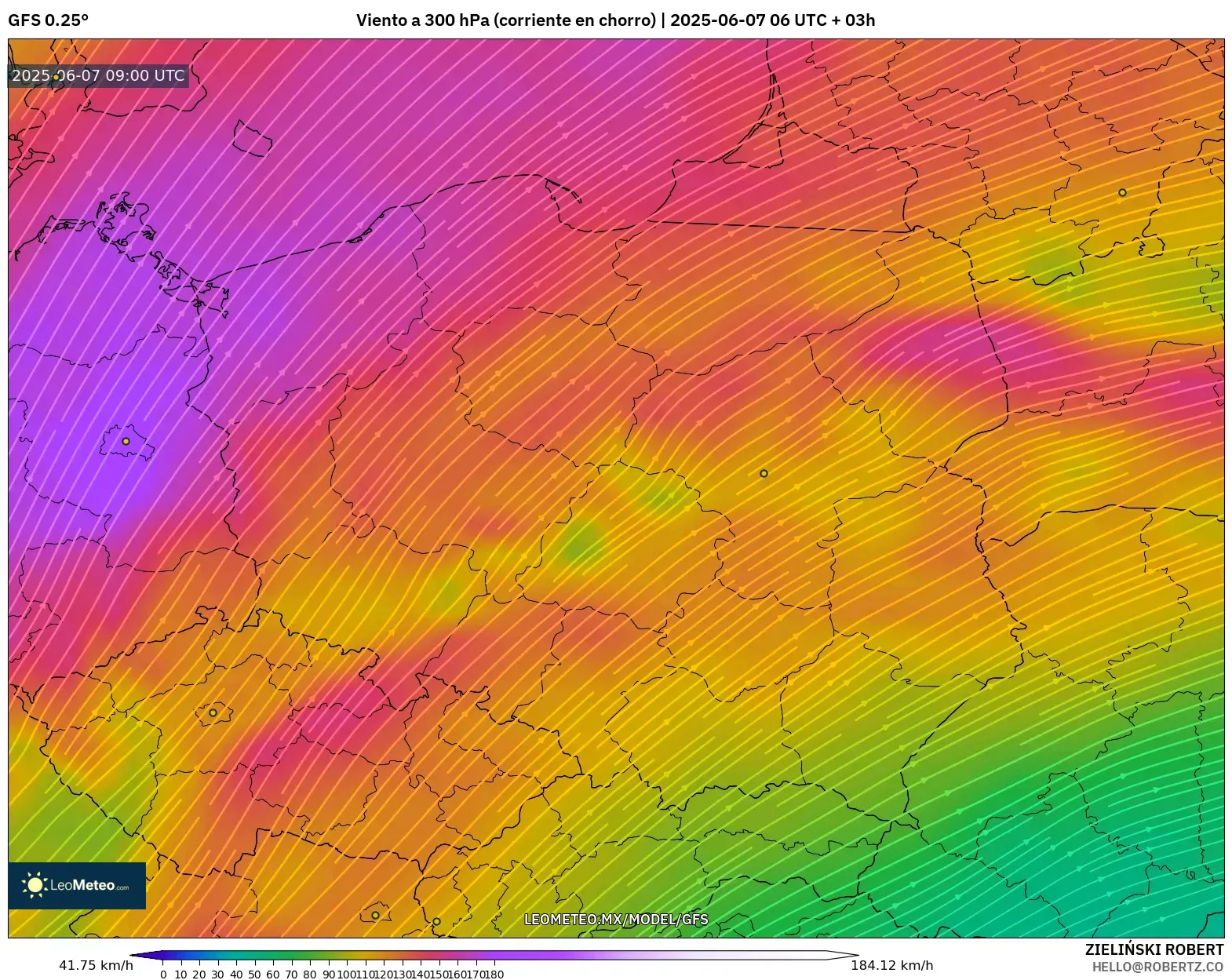 GFS model - Polonia, Viento a 300 hPa (corriente en chorro)