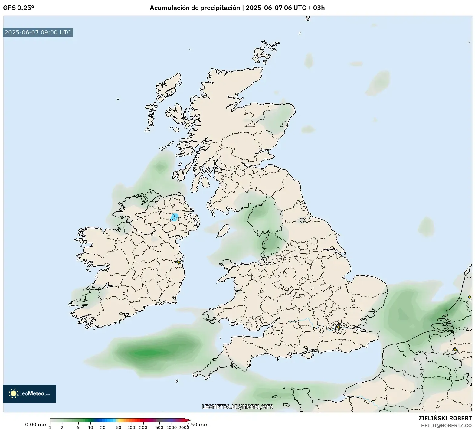 GFS model - Reino Unido, Acumulación de precipitación GFS model - Reino Unido, Acumulación de precipitación