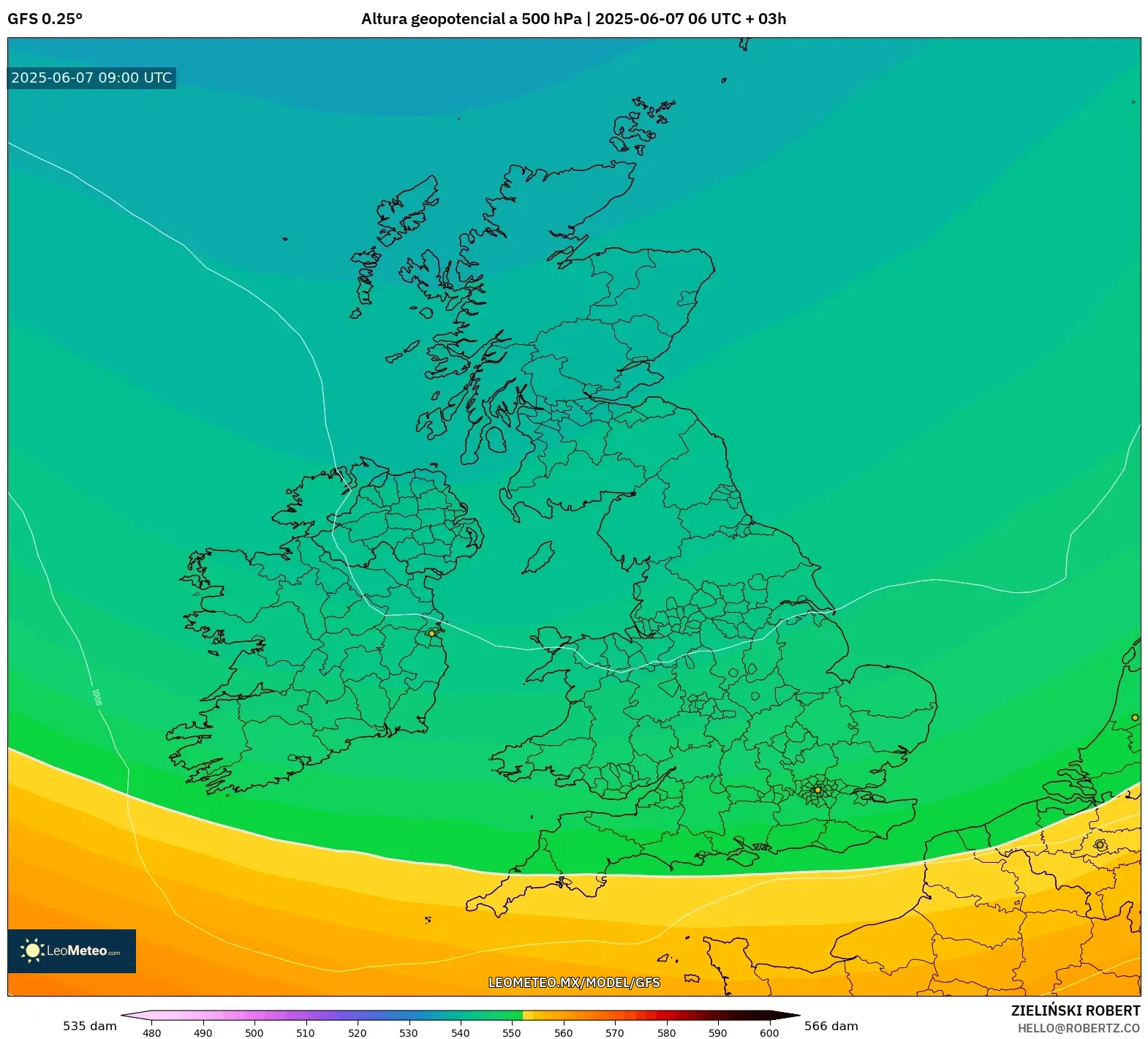 GFS model - Reino Unido, Altura geopotencial a 500 hPa GFS model - Reino Unido, Altura geopotencial a 500 hPa