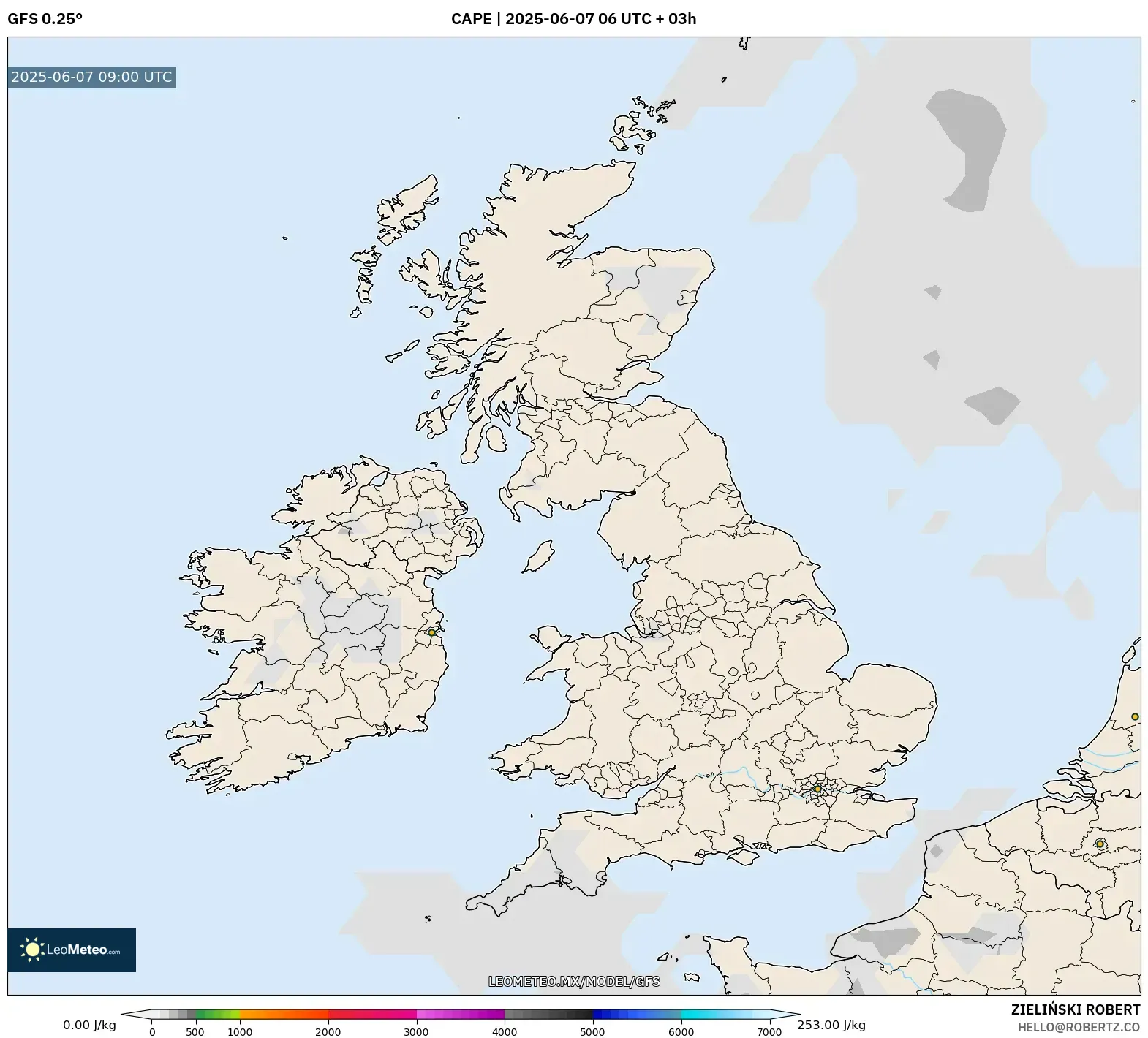 GFS model - Reino Unido, CAPE GFS model - Reino Unido, CAPE