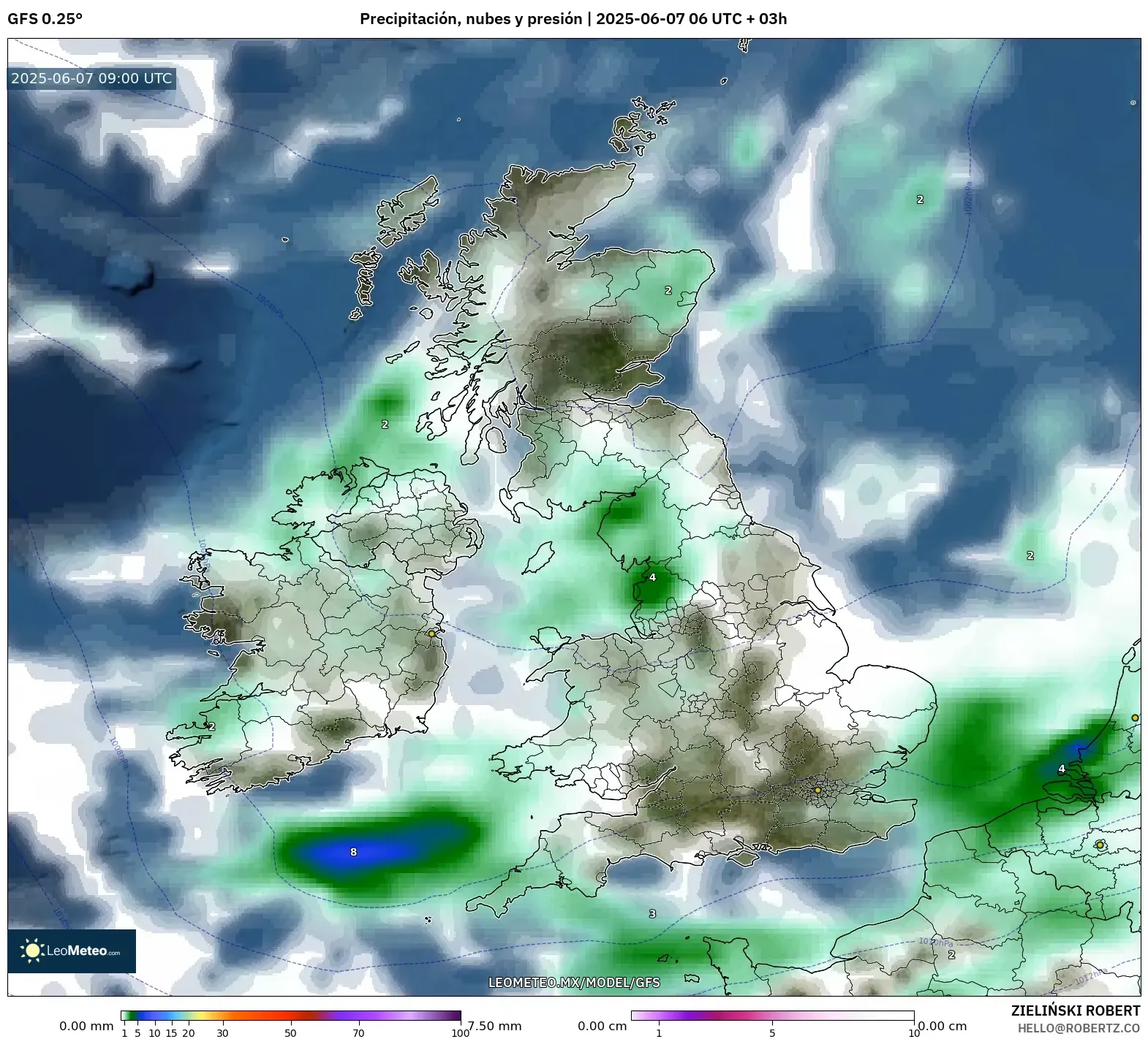 GFS model - Reino Unido, Precipitación, nubes y presión GFS model - Reino Unido, Precipitación, nubes y presión