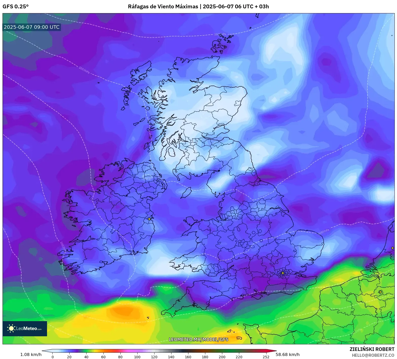 GFS model - Reino Unido, Ráfagas de Viento Máximas