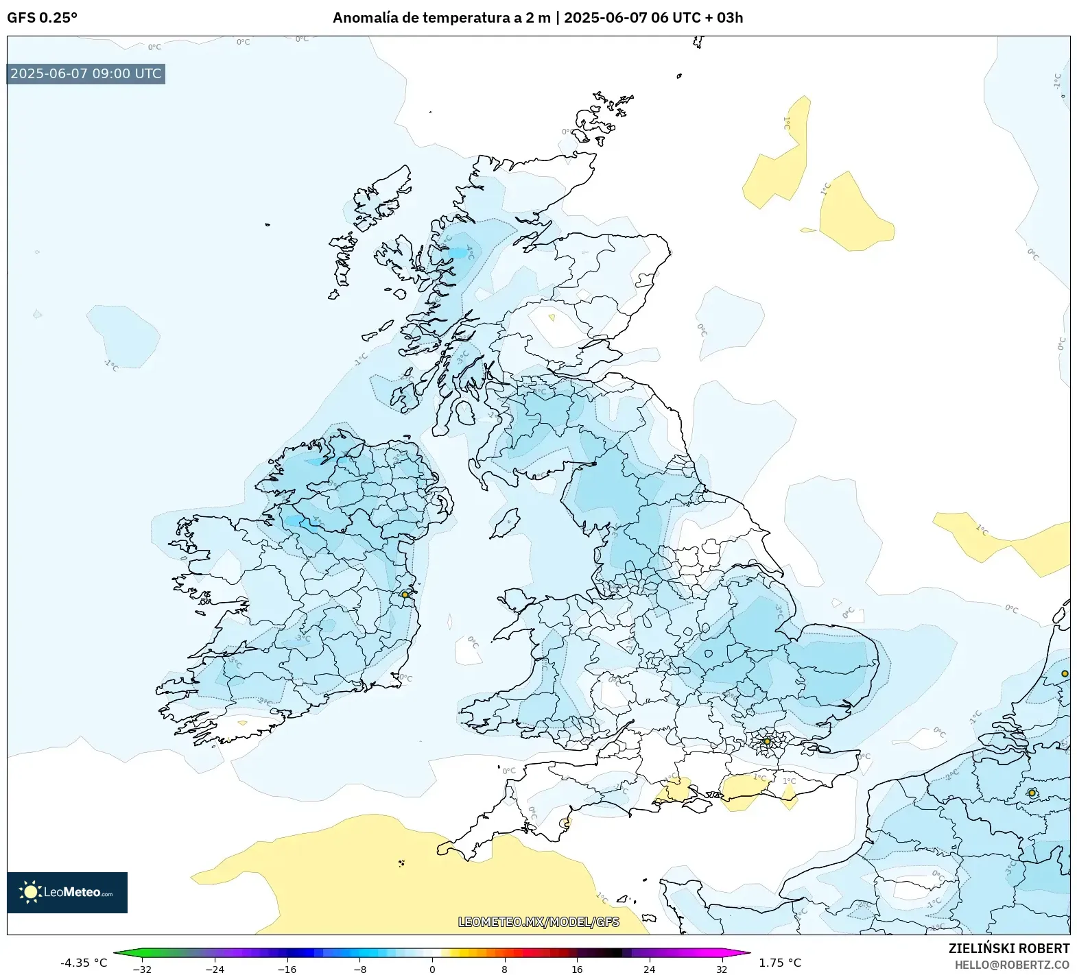 GFS model - Reino Unido, Anomalía de temperatura a 2 m